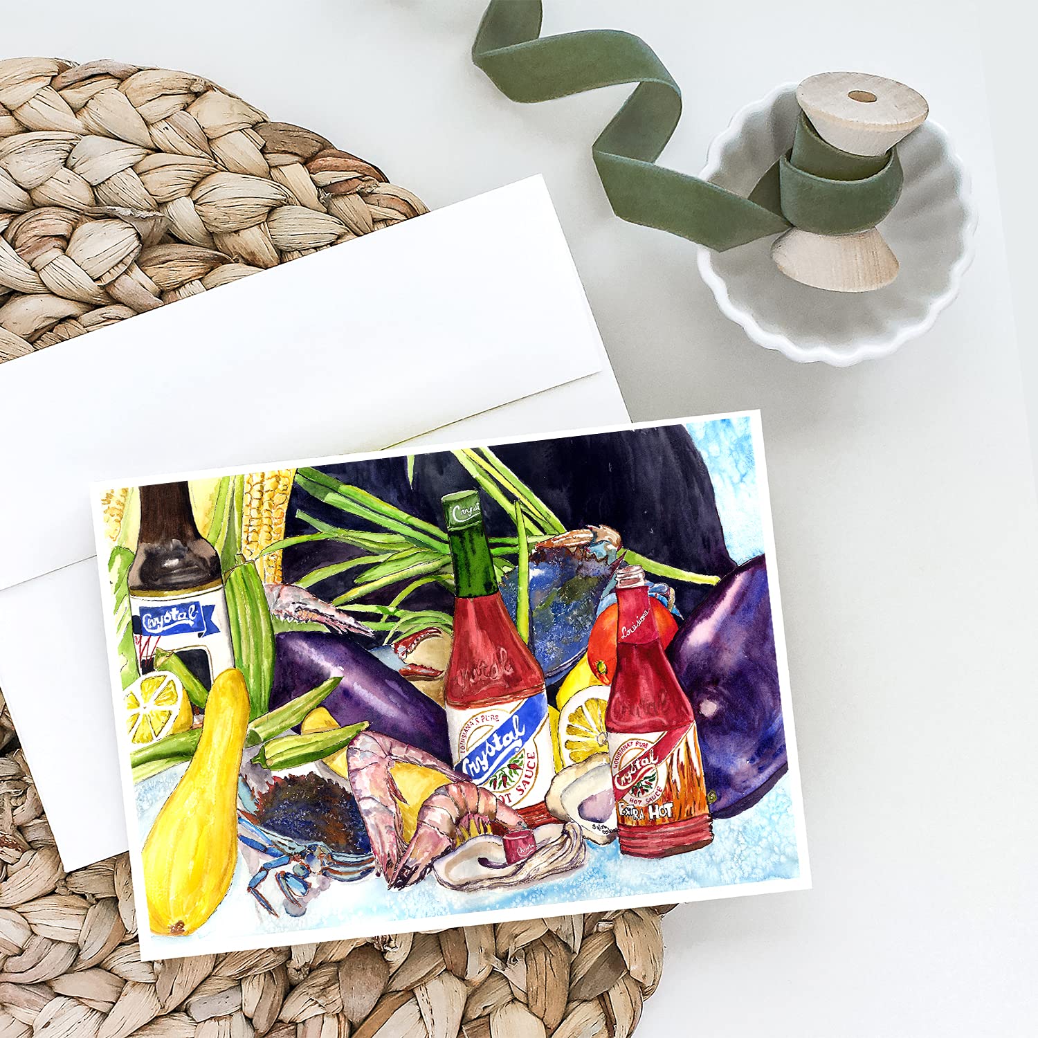 Crystal Hot Sauce with Seafood Greeting Cards - Pack of 8 Blank A7 Note Cards (5x7) with Envelopes | Whimsical Design for Birthday, Thank You & Holiday Cards | Perfect for Food Lovers & Seafood Enthusiasts