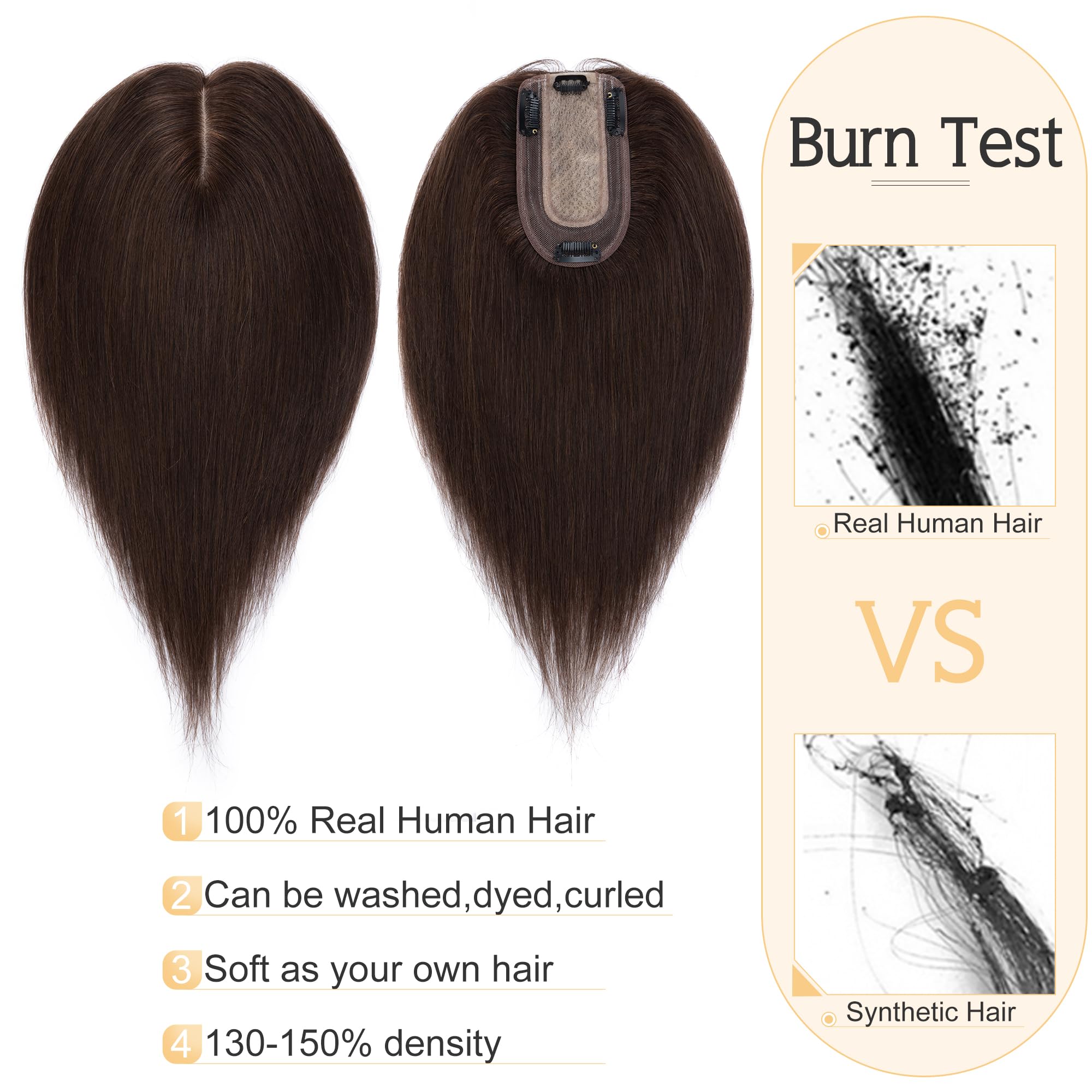SEGO 100% Real Human Hair Toppers for Women - 7x13cm Silk Base Clip-in Top Wiglet for Thinning Hair (14 Inch, Dark Brown, No Bangs) | Perfect for Daily Wear, Special Occasions & Hair Volume Enhancement