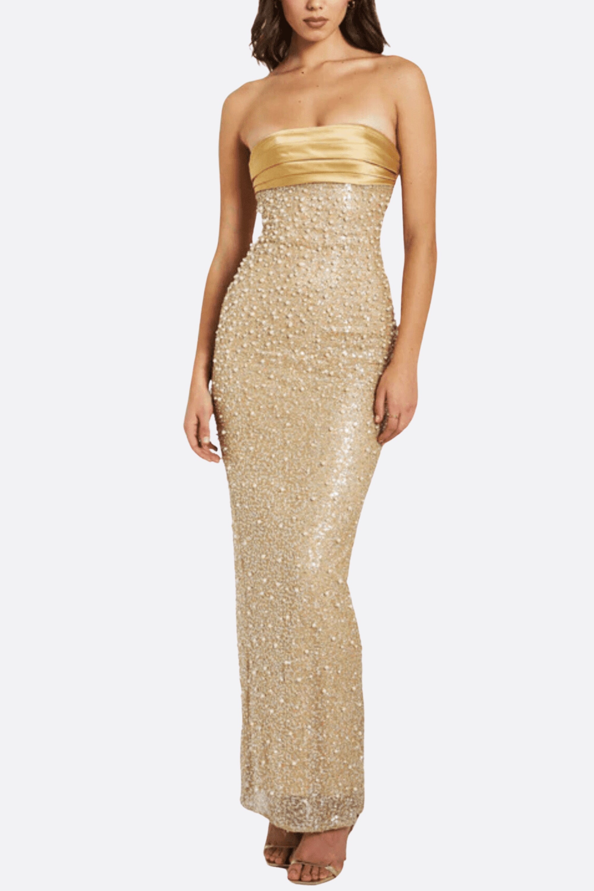 Elegant Gold Satin Sequin Pearl Beaded Maxi Dress for Women - Perfect for Evening Parties, Prom, and Special Occasions