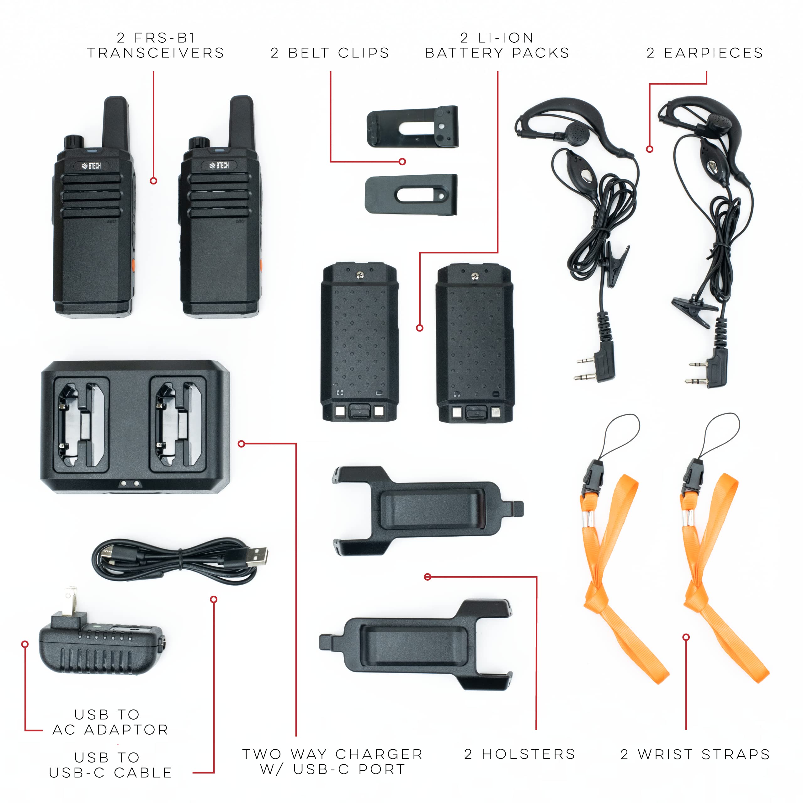 BTECH FRS-B1 2-Pack Business Walkie Talkies for Adults - NOAA Weather Alert Two-Way Radios with High Output, Built-in Flashlight, Earpiece Kit, Holsters & Desktop Charger - Ideal for Construction, Security, Outdoor Adventures & Emergency Preparedness