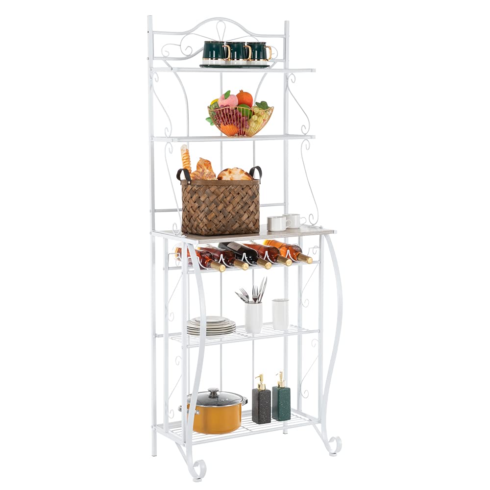 Beyamis 5-Tier Multifunctional Storage Shelf - White Lace & Light Walnut MDF Board with Iron Frame - Perfect for Kitchen, Bathroom, Garage Organization & Home Decor