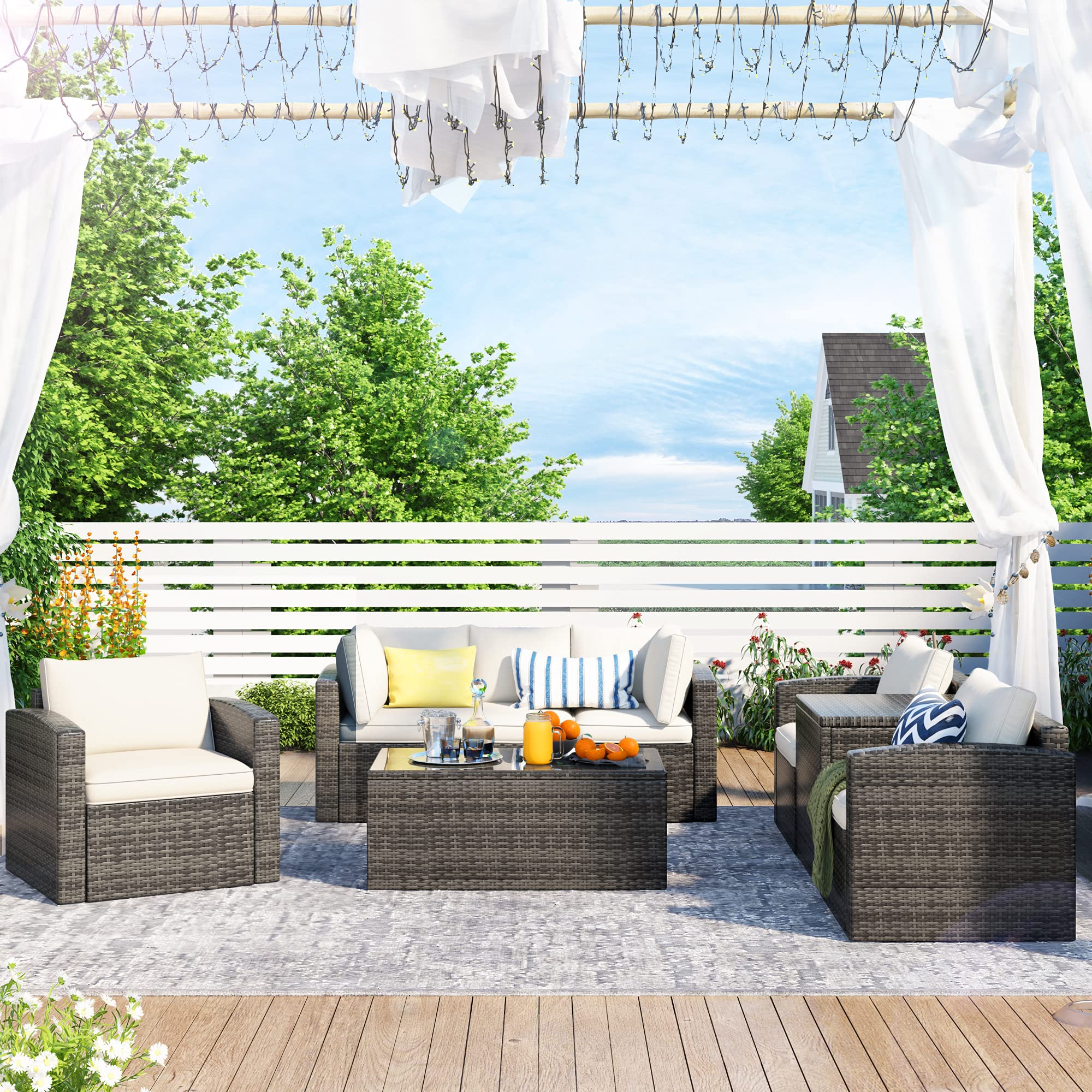 7-Piece Outdoor Patio Furniture Set - All-Weather PE Rattan Wicker Sofa with Cushions, Coffee Table & Storage - Beige - Perfect for Backyard, Garden, Poolside & Terrace Relaxation