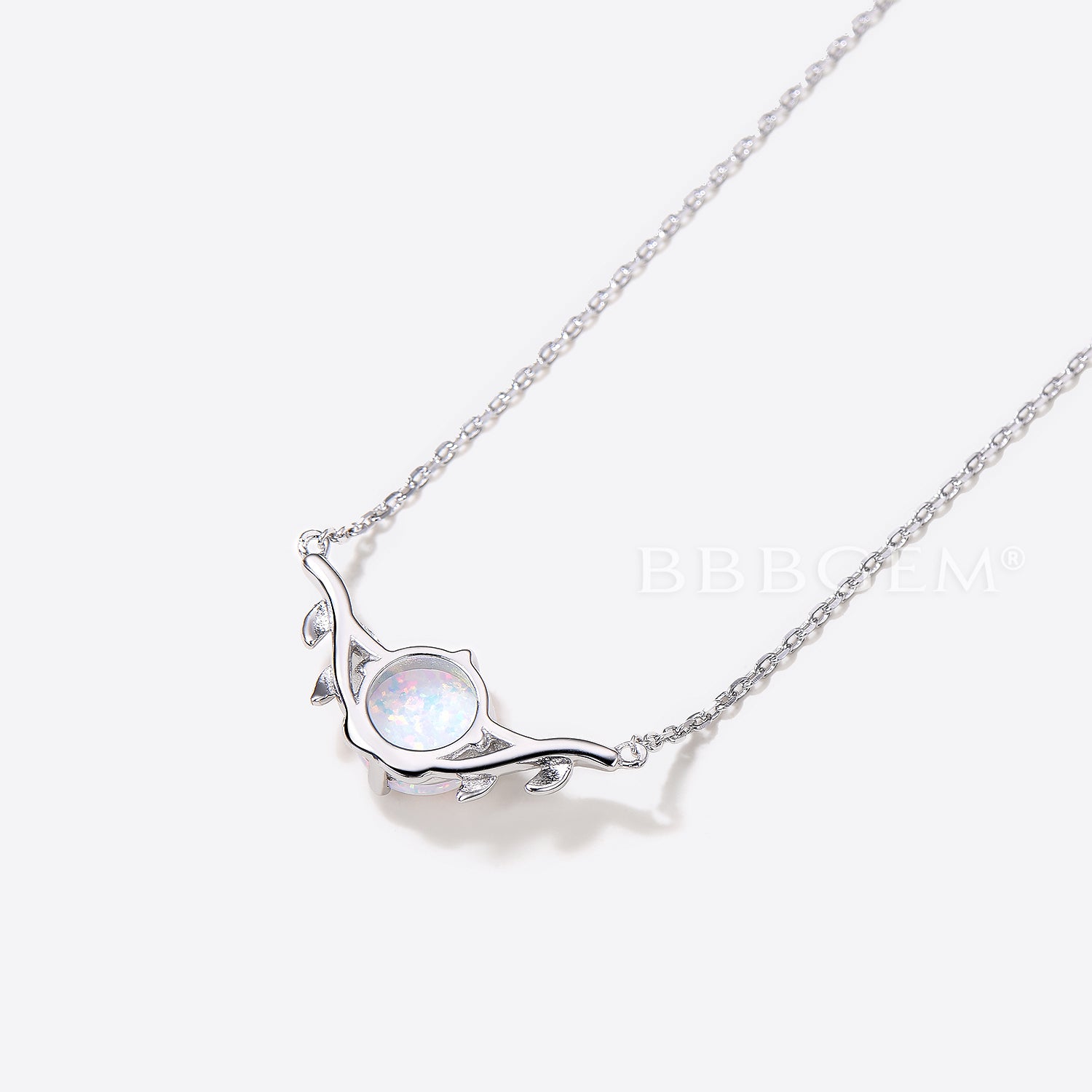 Round Cut White Opal Pendant Leaf Nature Inspired Solitaire Necklace - Elegant Sterling Silver Jewelry for Women, Perfect for Weddings, Anniversaries & Everyday Wear