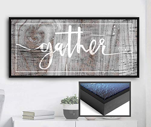 Farmhouse Pantry Sign with Gather Quote - Grey & Black Floating Frame 60x27 - Rustic Kitchen Decor, Dining Room Wall Art, Living Room Pictures - Perfect for Home, Farmhouse & Cottage Style Decor