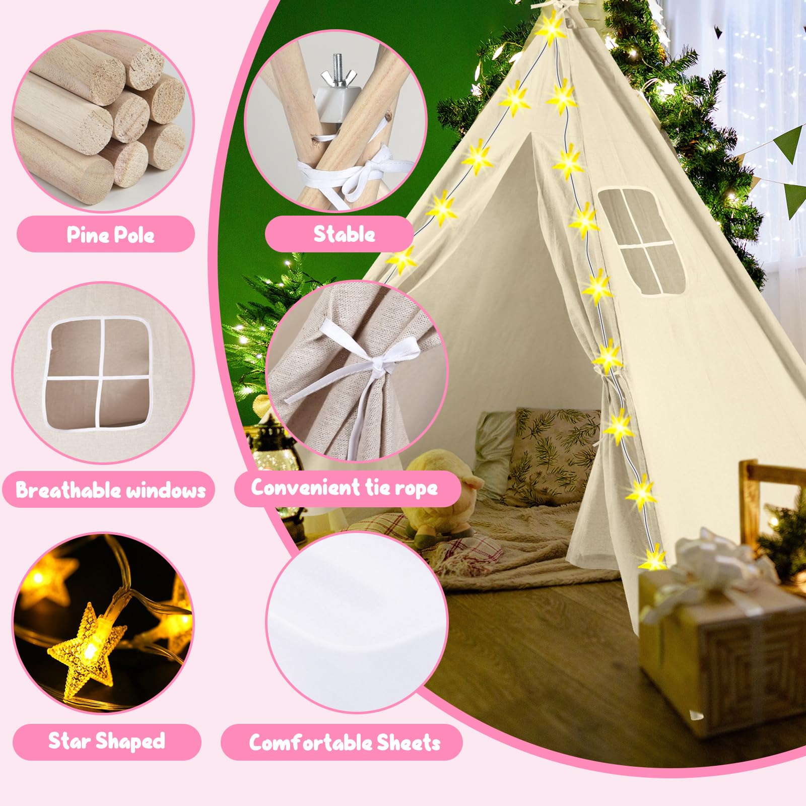 PLULON 6 Pack Kids Teepee Tent Set with Inflatable Airbed & Decorations - Play Tent for Girls Sleepover Party, Indoor Outdoor Playhouse, Christmas Birthday Gift for Toddlers (White) - Perfect for Slumber Parties, Camping Adventures & Imaginative Play