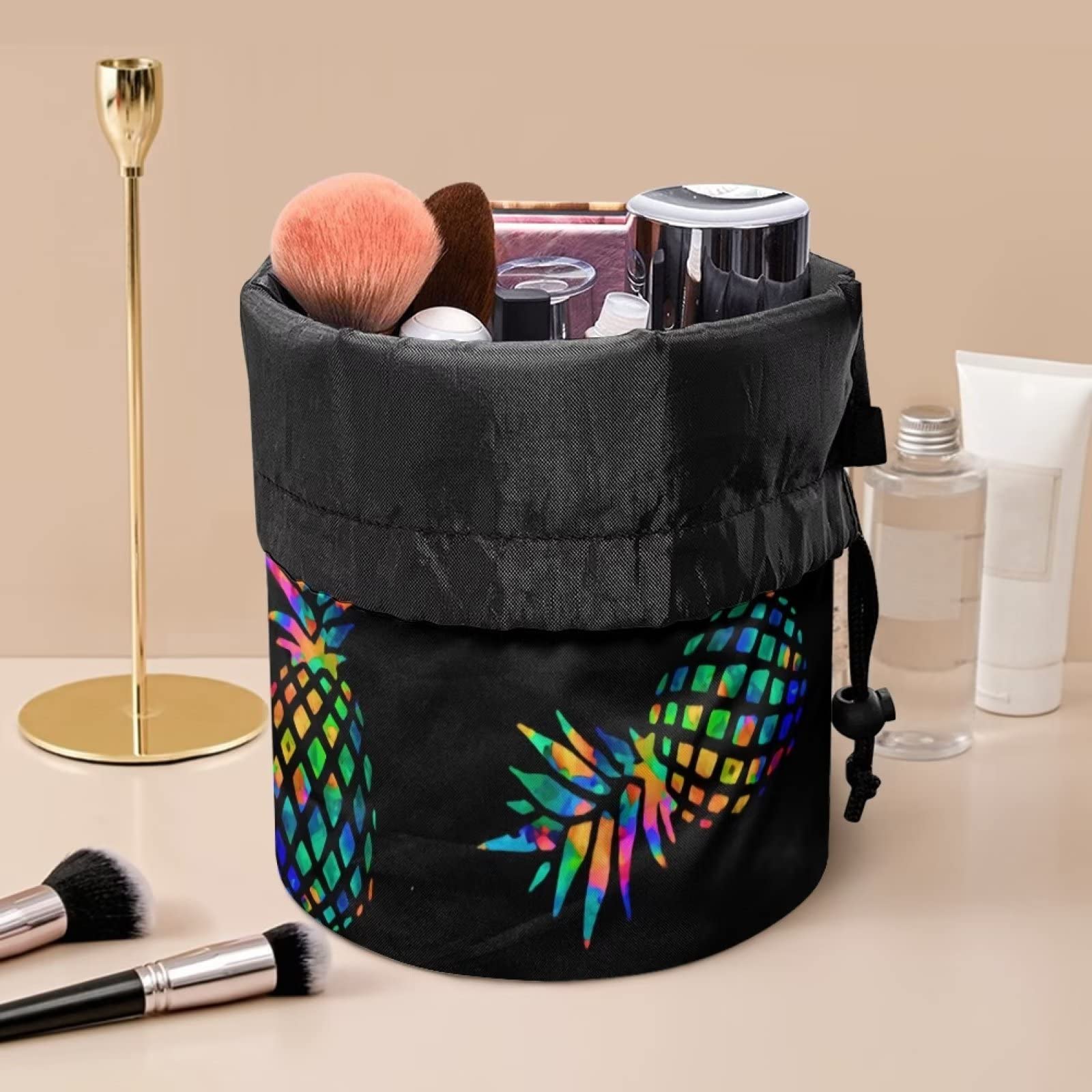 SEANATIVE Pineapple Print Black Drawstring Travel Cosmetic Bag - Waterproof Toiletry Organizer for Women | Lightweight Makeup Pouch for Travel, Gym, Beach & Daily Use