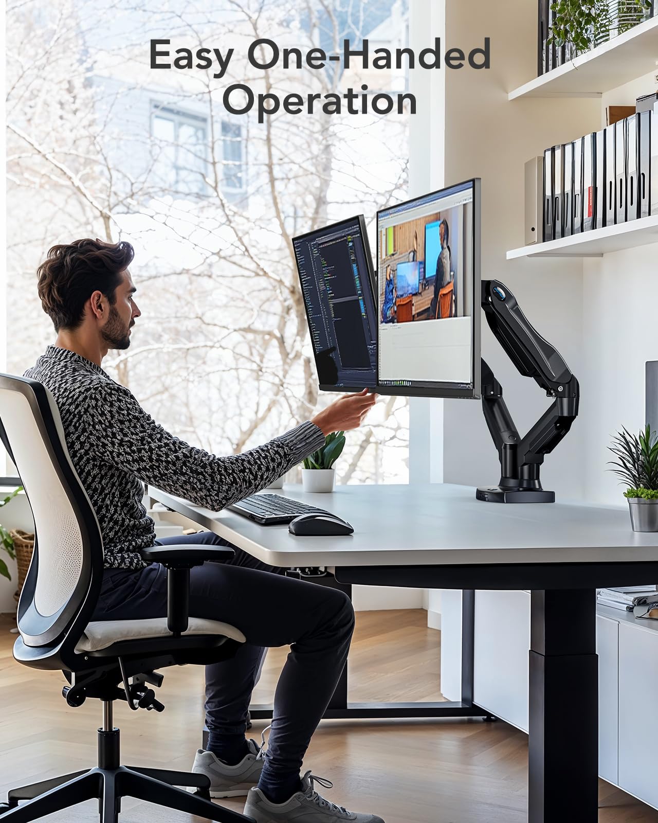 HUANUO Dual Monitor Stand - Adjustable Spring Monitor Arm for 13-32 Inch Screens, C Clamp/Grommet Mounting Base, VESA Compatible, Holds 4.4-19.8lbs - Perfect for Home Office, Gaming Setup & Workspace Ergonomics