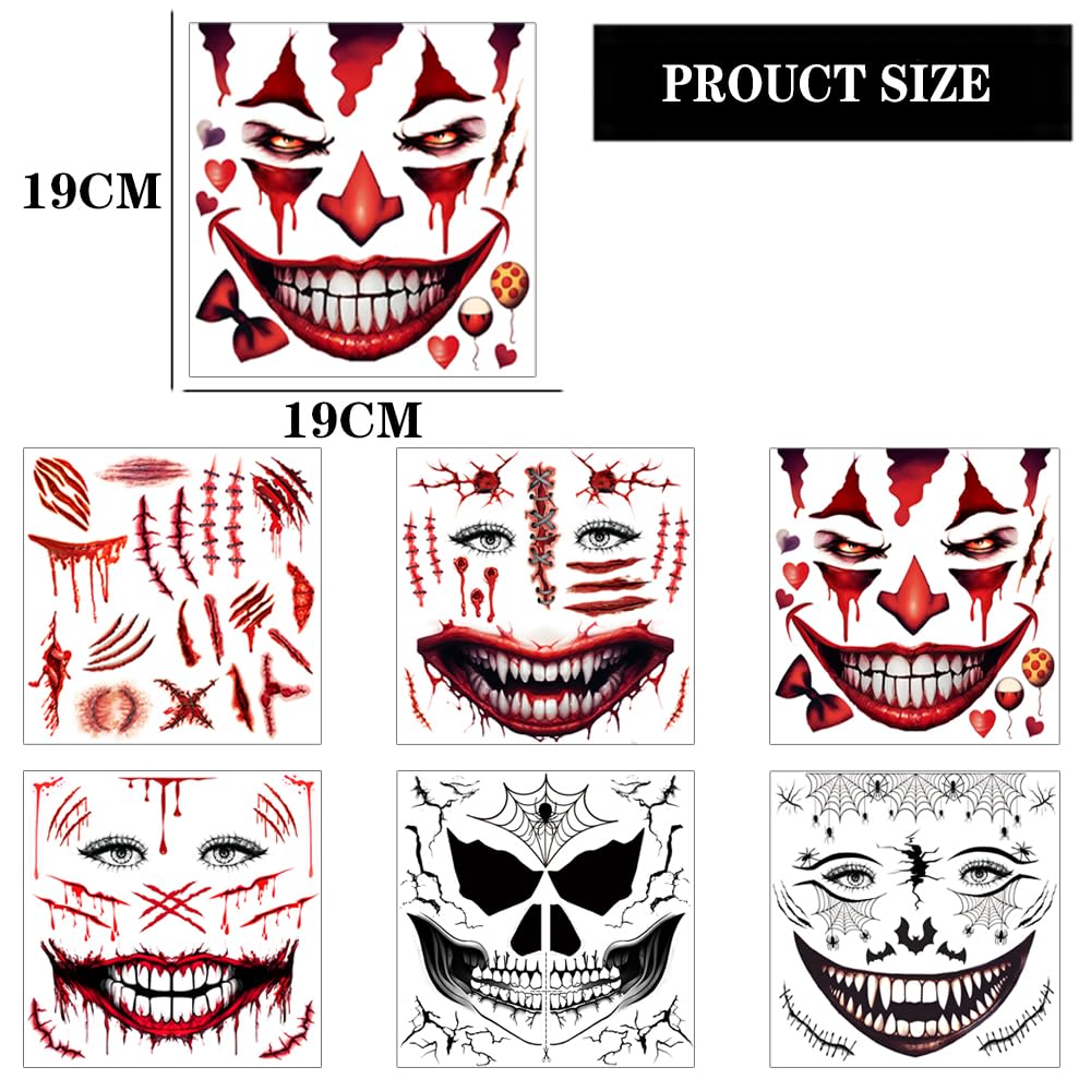 Scary Halloween Temporary Tattoos Set - 5 Face Tattoos + 1 Fake Scars & Stitches Sheet with Bloody Mouth Design | Zombie Makeup, Fake Wounds for Halloween Costume & Party Prank | Perfect for Cosplay, Horror Events and Trick-or-Treating