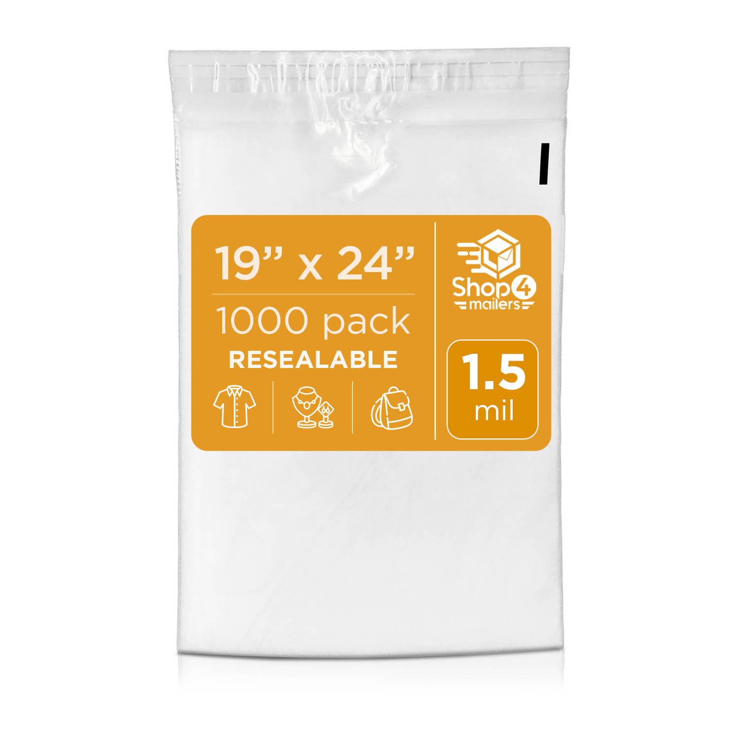 Shop4Mailers 19x24 Inch Clear Plastic Poly Bags - 1.5 Mil Thick Self-Seal Packaging for Clothing, Jewelry, Documents, Photos & Gifts | Resealable Storage Solution (1000 Pack) - Perfect for Ecommerce Shipping, Retail Display & Home Organization