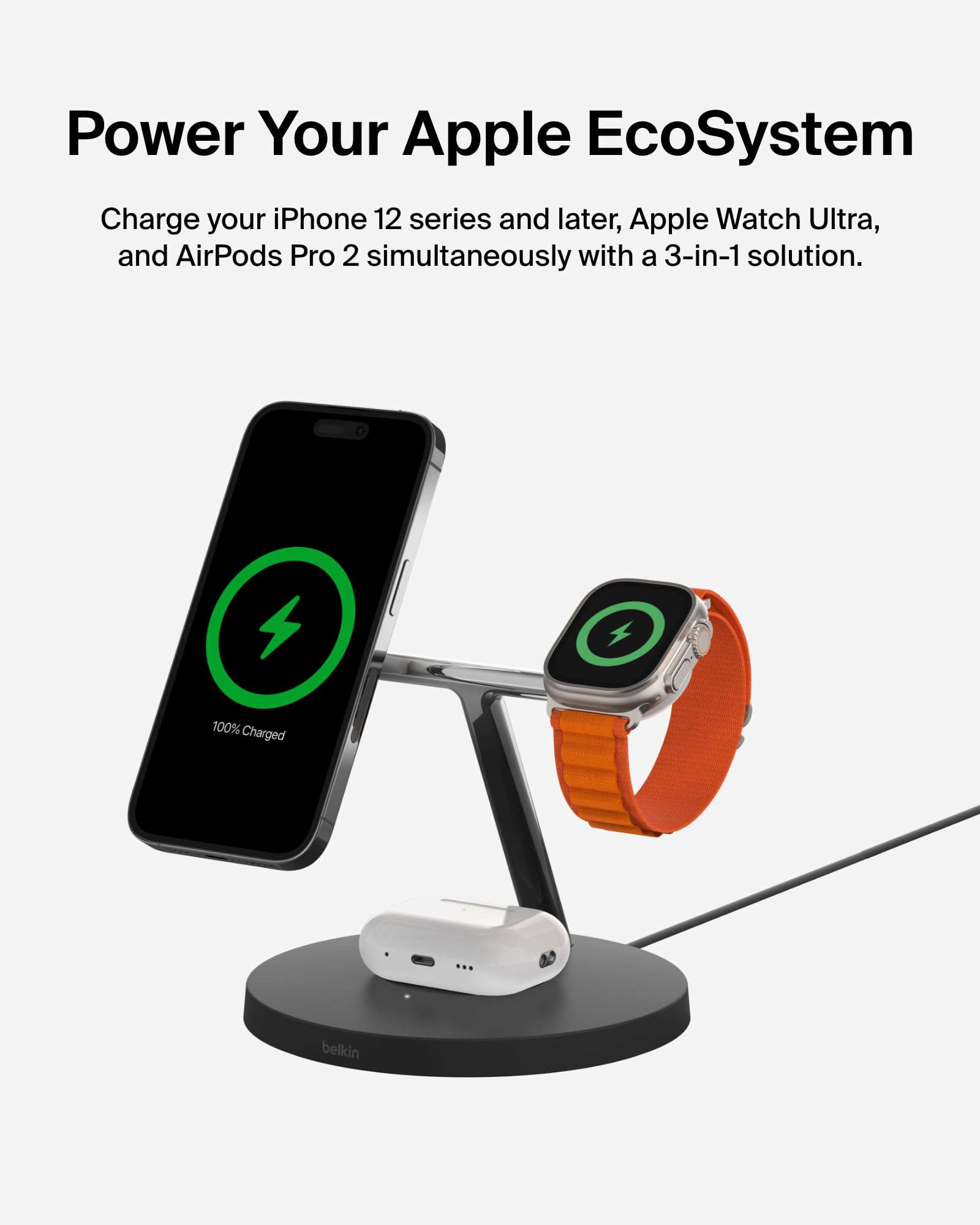 Belkin MagSafe 3-in-1 Wireless Charging Stand (2nd Gen) - Fast 33W Charger for iPhone 16/15/14 Series, Apple Watch & AirPods - Multi-Device Magsafe Charging Station (Black) - Perfect for Home, Office & Travel Use