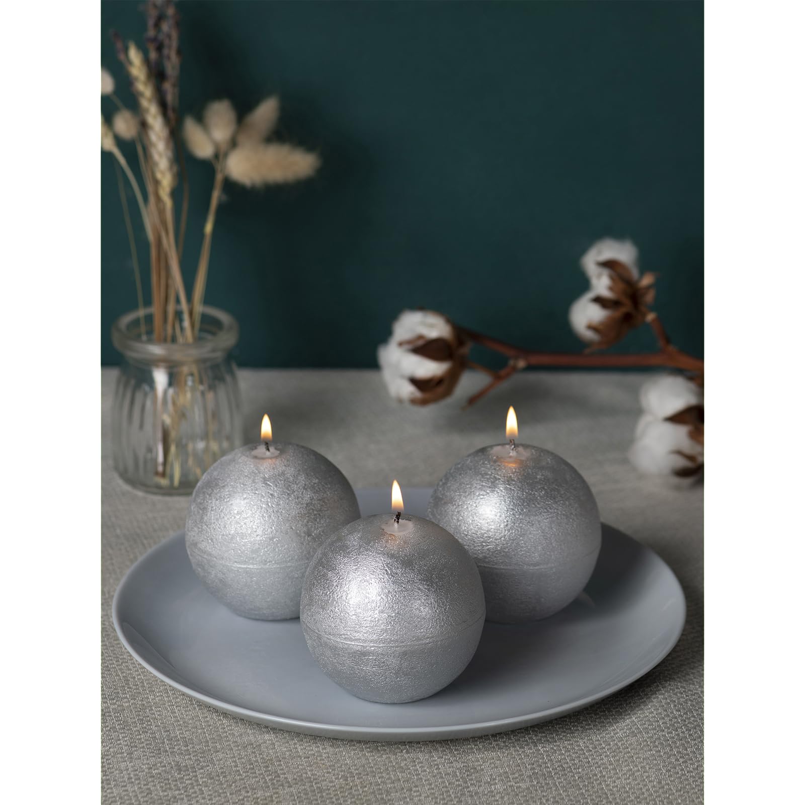3-Pack CANDWAX 3-Inch Round Silver Unscented Candles - Long Burning Decorative Ball Candles for Wedding, Romantic Decor & Home Ambiance