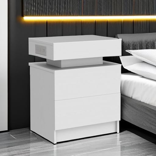 Modern White Nightstand with LED Light & USB Charging Station - 3 Drawers Bedside Table for Bedroom, Living Room | Compact End Table with Soft Glow Lighting for Phones, Books & Bedroom Essentials