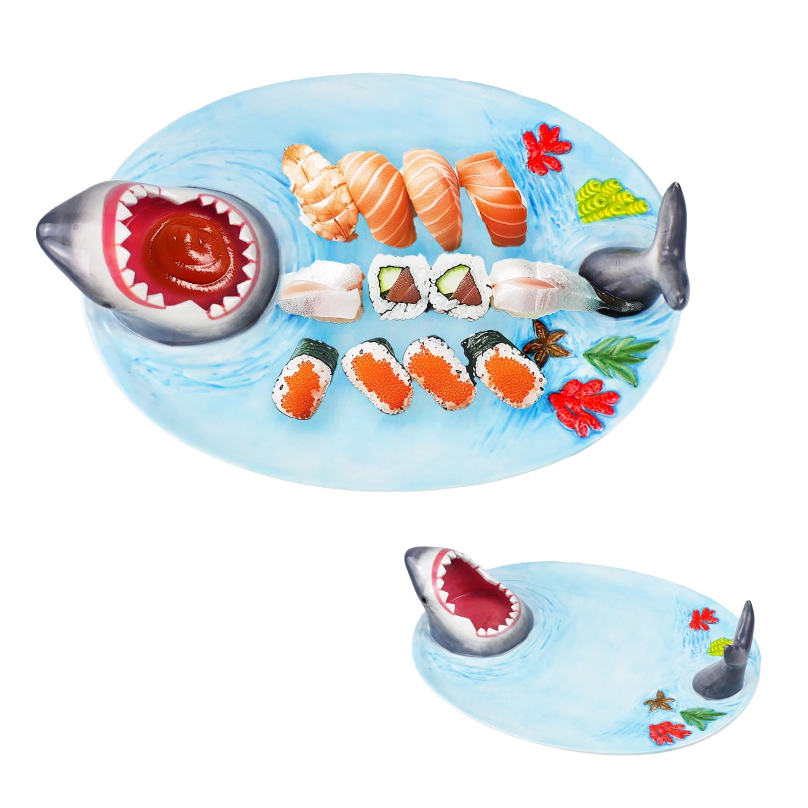 Shark Sushi Plate with Sauce Compartment - Lead-Free Ceramic Dish - Microwave, Oven, Freezer & Dishwasher Safe - Perfect for Sushi Parties, Asian Cuisine & Seafood Dining