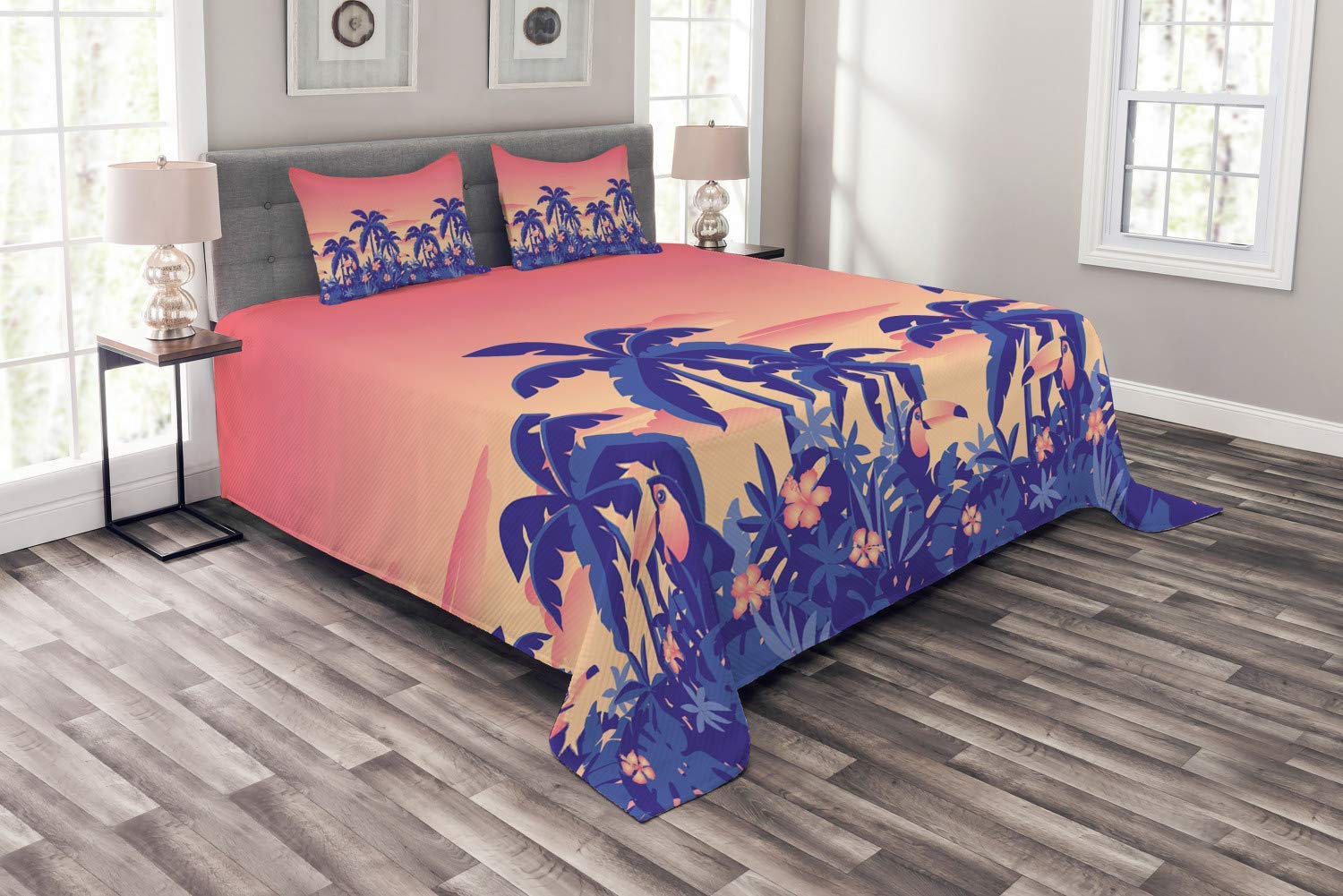 3 Piece Comforter Set All Season Queen Size - Tropical Hawaii Duvet Cover with Exotic Sunset, Toucans & Palm Trees - Machine Washable Bedding Set for Master Bedroom, Guest Room & Vacation Homes