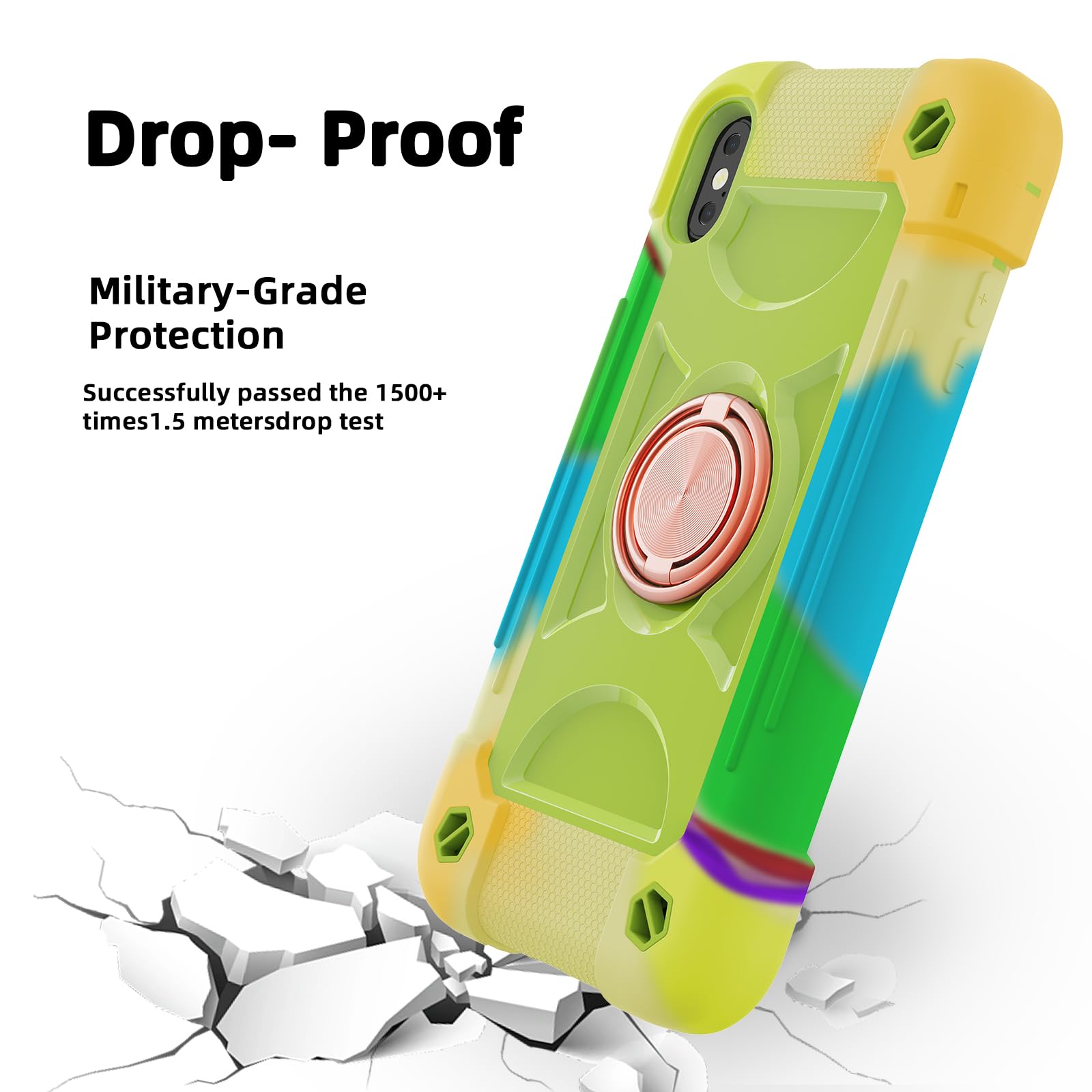 MARKILL iPhone X/XS Case with Magnetic Mount, Military Shockproof Cover - Rainbow Green for Car & Outdoor Use