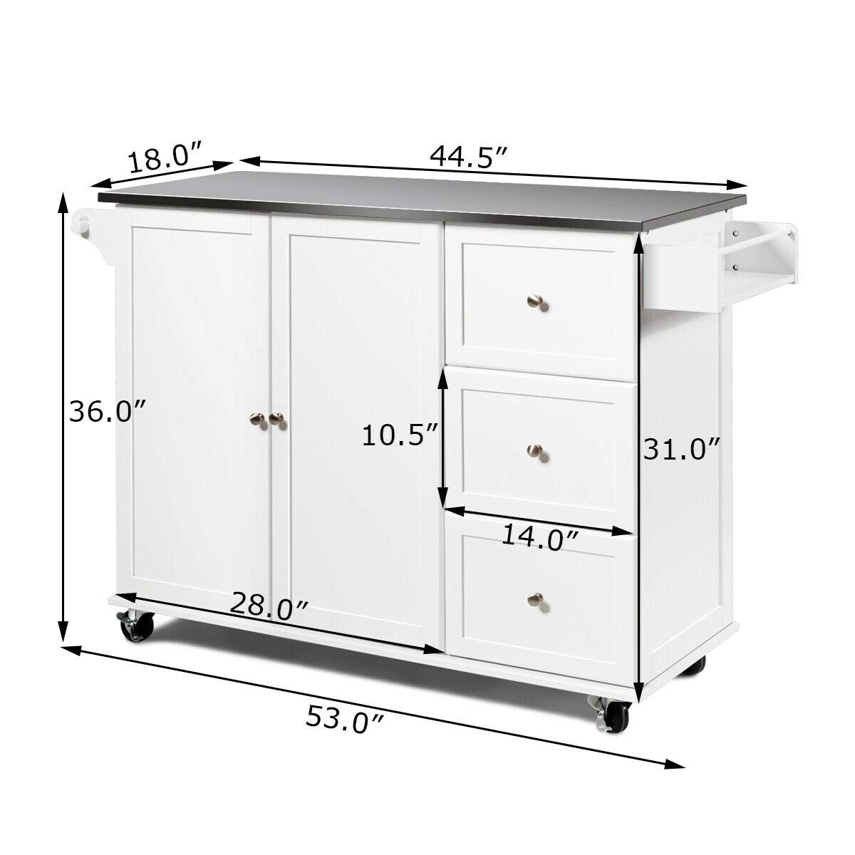 **Portable Rolling Kitchen Island Cart with 2 Doors, 3 Drawers & Spice Rack - Stainless Steel Countertop Organizer for Utensils, Dishware & Kitchen Essentials - Perfect for Small Kitchens, Dining Rooms & Mobile Serving**