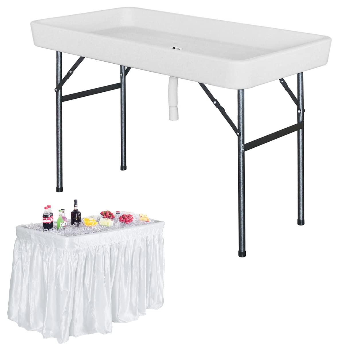 SAFSTAR 4FT Portable Folding Ice Cooler Table with Drain Plug & Skirt - Outdoor Buffet, Camping, Fishing, BBQ, Picnic, Tailgate Party - Perfect for Food Storage, Chilling Drinks & Cleaning Fish