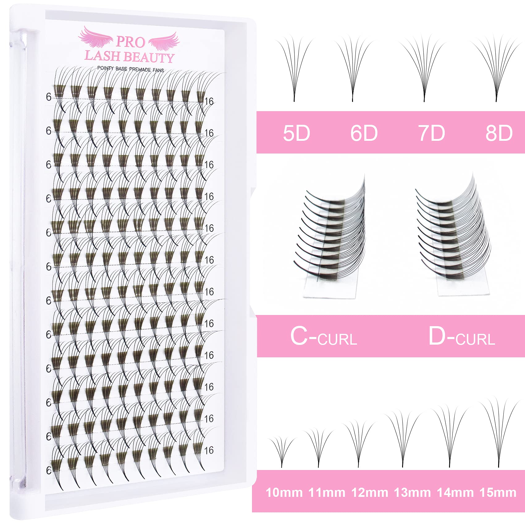 6D-D-0.10-11mm Premade Volume Eyelash Extensions - Pointed Base Fans with C/D Curl (0.07mm) - Professional Salon Quality Lashes for Dramatic Eye Makeup & Special Occasions