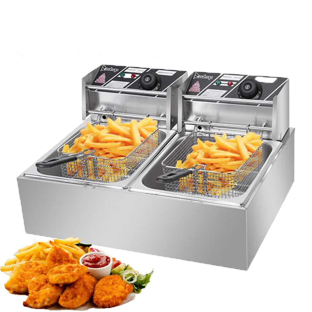 12.7QT Heavy Duty Commercial Deep Fryer - 5000W Stainless Steel Electric Fryer with Removable Basket & Dual Cylinders - Perfect for Restaurants, Food Trucks & Home Kitchen Use