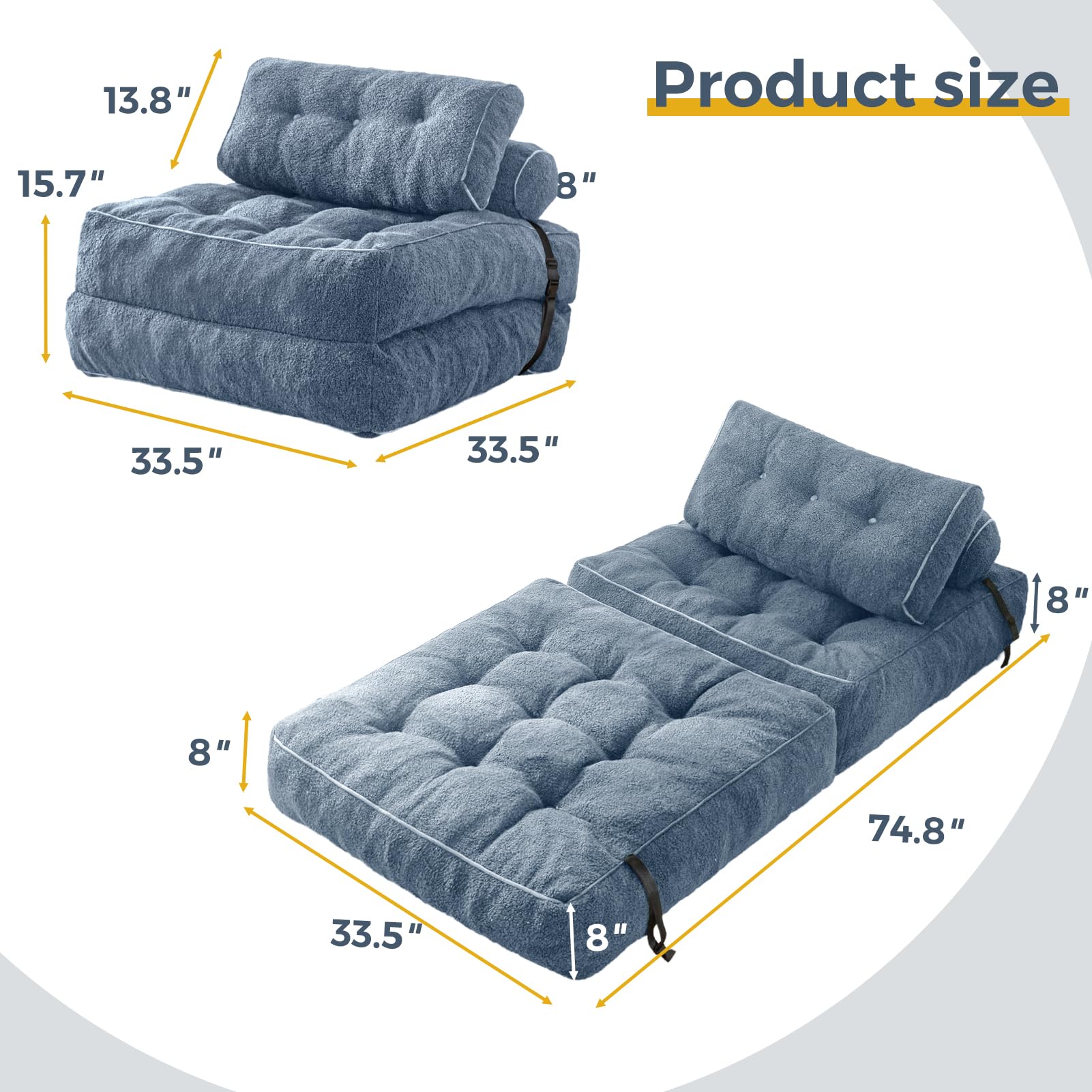 MAXYOYO Fuzzy Sofa Bed - Convertible Sleeper Chair with Pillow in Dusty Blue | Comfortable Foldable Couch for Small Spaces, Guest Room & Apartment Living