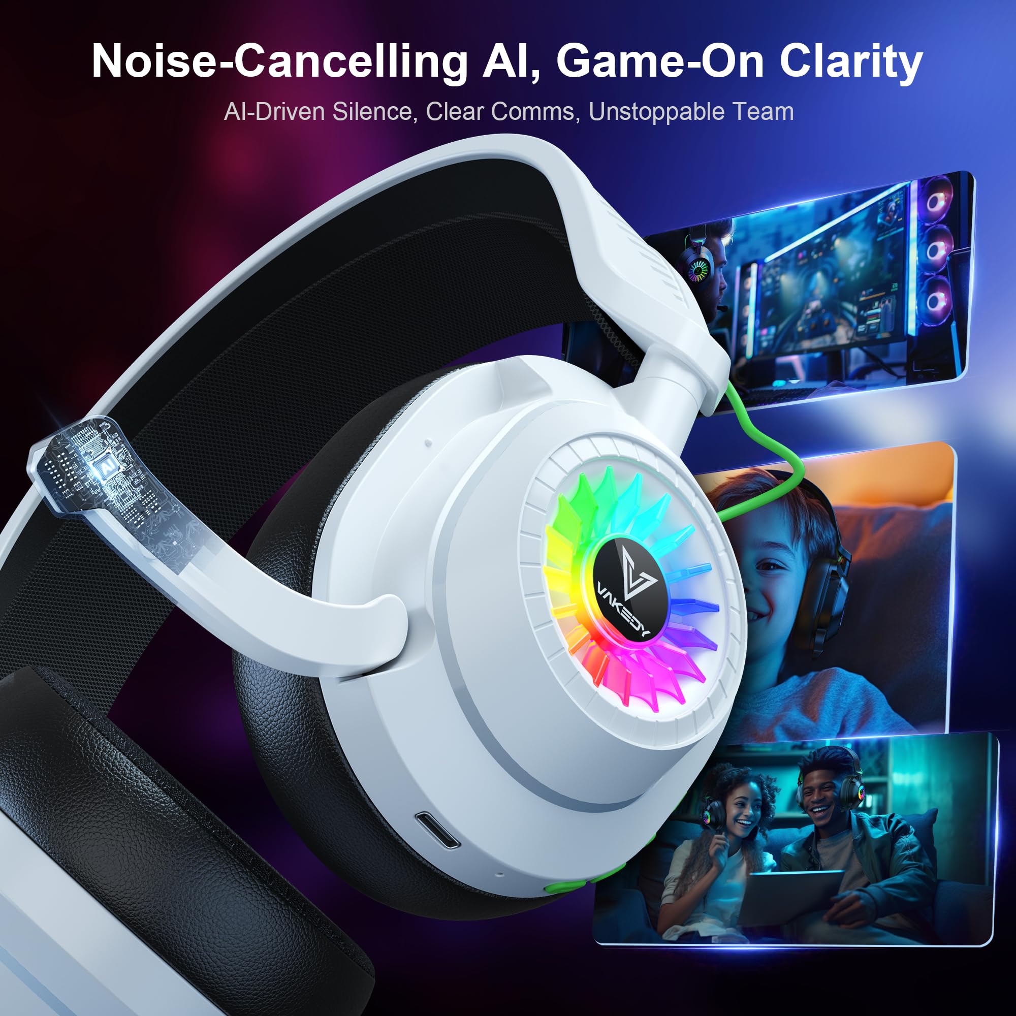 HW10 Wireless Gaming Headset for PS5, PS4, PC - 2.4GHz Bluetooth Headphones with Noise Cancelling Mic, 50Hr Battery Life - Compatible with Switch, Laptop, Mobile & Mac - Cool RGB Lighting (White) - Perfect for Competitive Gaming, Streaming & Online Chat