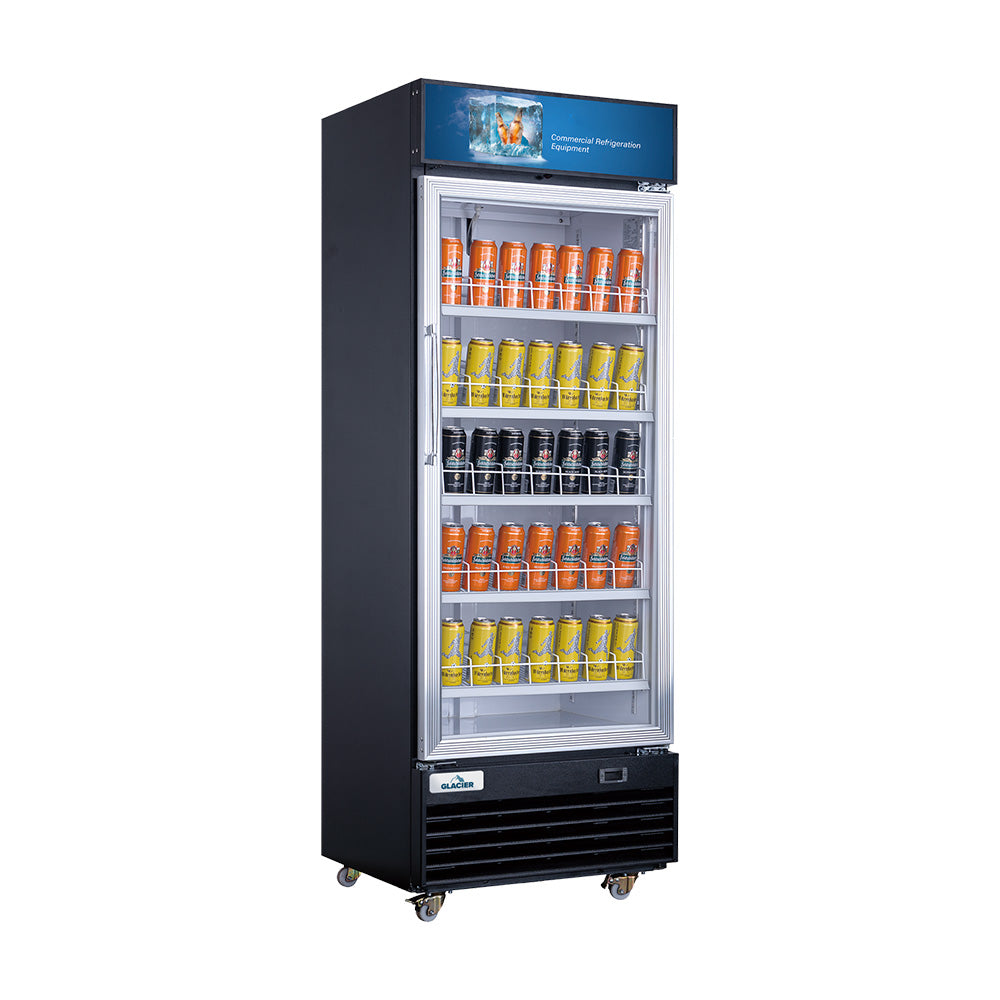 Glacier 29 Merchandiser Refrigerator - 1 Glass Door Commercial Fridge with Black Exterior - Perfect for Convenience Stores, Cafes, and Retail Display