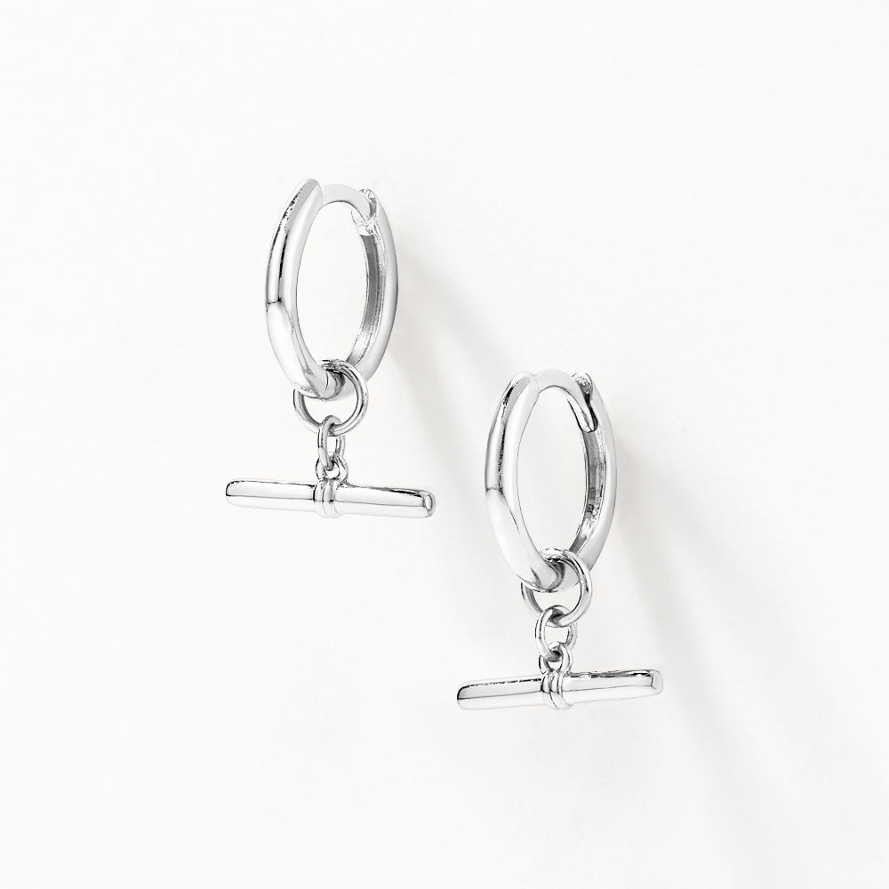 Silver T Bar Drop Charm Huggie Earrings - Elegant & Dainty Jewelry for Everyday Wear, Parties & Special Occasions