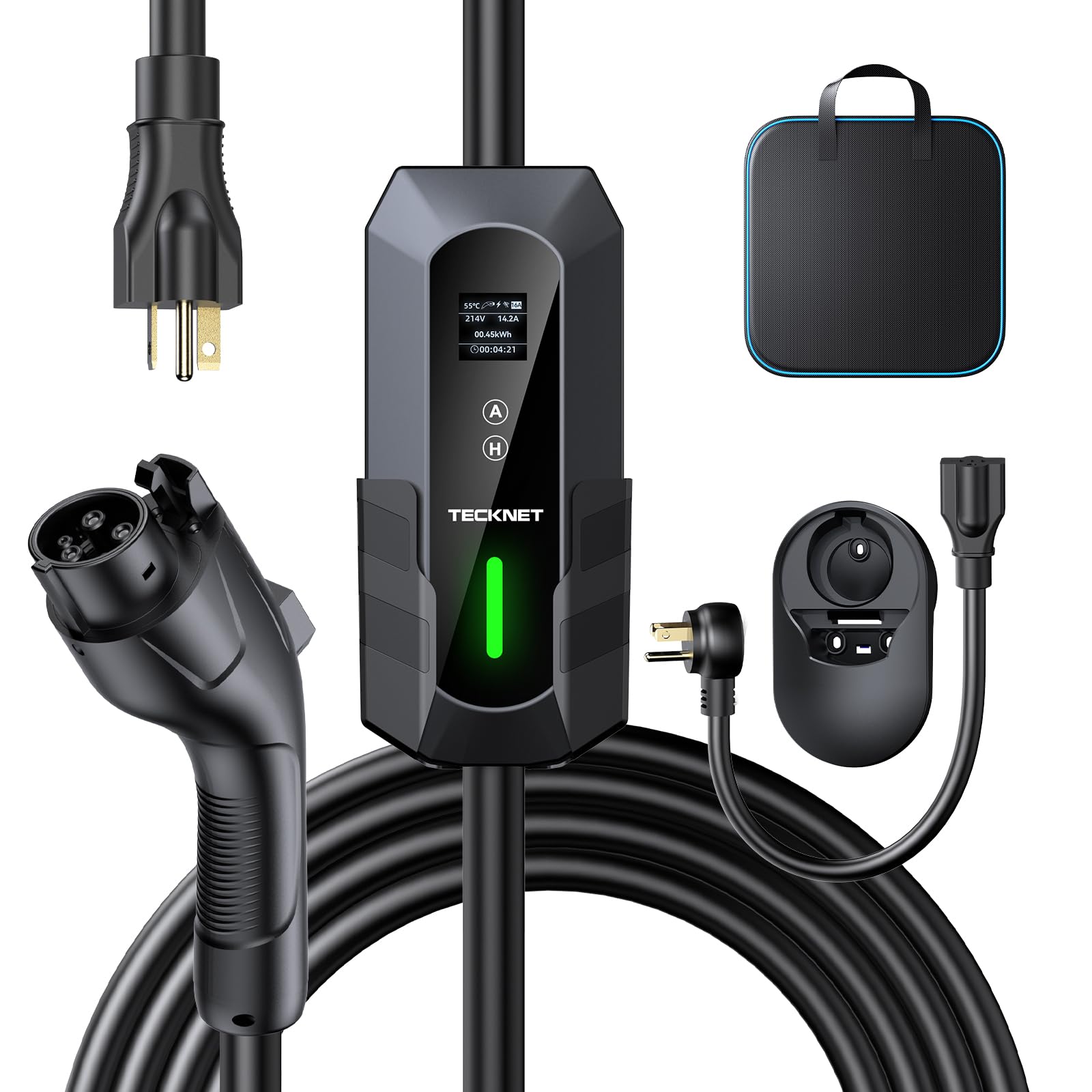TECKNET Level 1 & 2 EV Charger - 16A Electric Vehicle Charging Station with 25FT Cable, NEMA 6-20 Plug & 5-15 Adapter, J1772 Connector for All EV Models - Perfect for Home, Office & Road Trip Charging