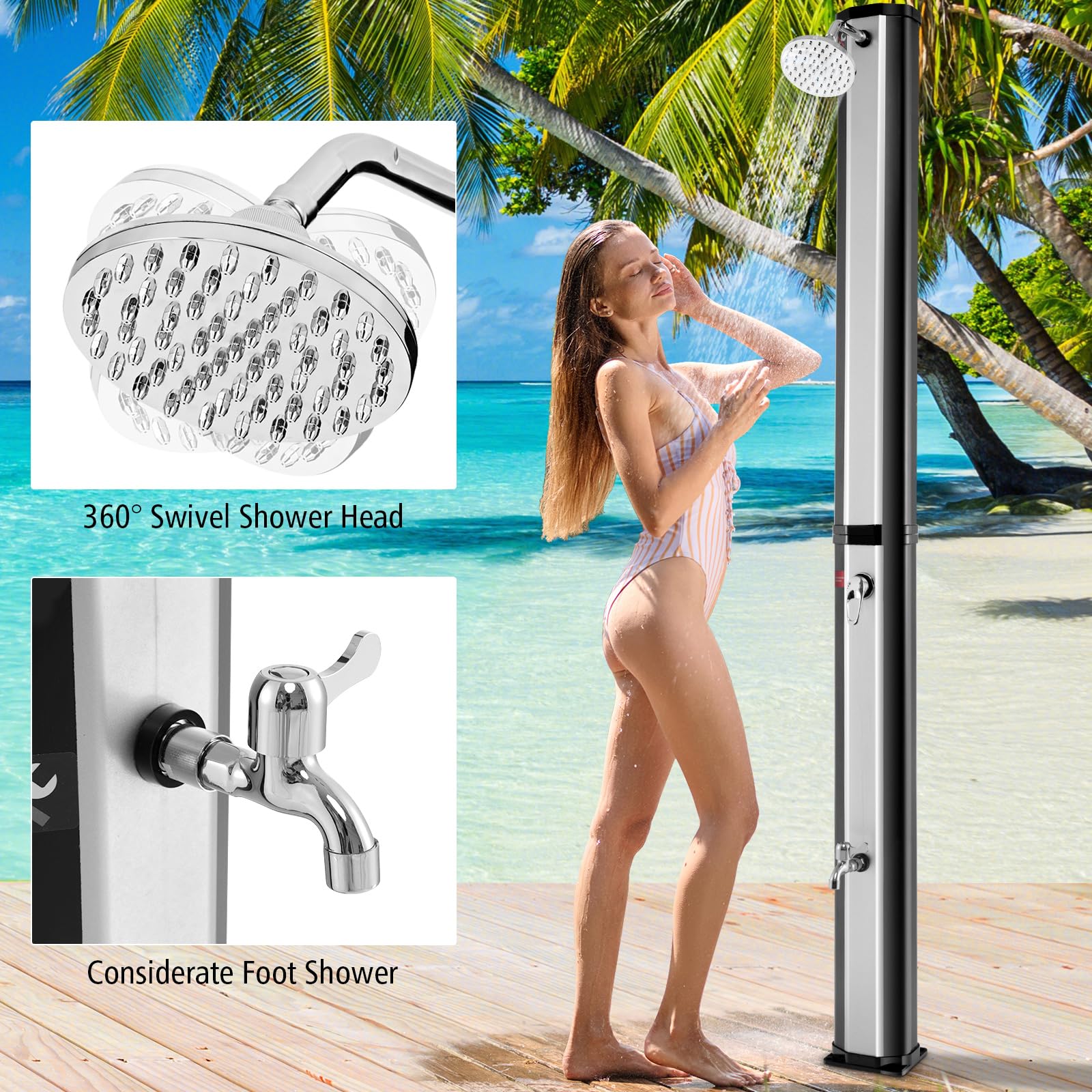 Goplus 9.3 Gallon Solar Heated Outdoor Shower - 7.2 FT Freestanding Garden Shower with 360° Swivel Shower Head, Foot Wash & Temperature Control - Perfect for Poolside, Backyard, Beach & Camping (Silver)