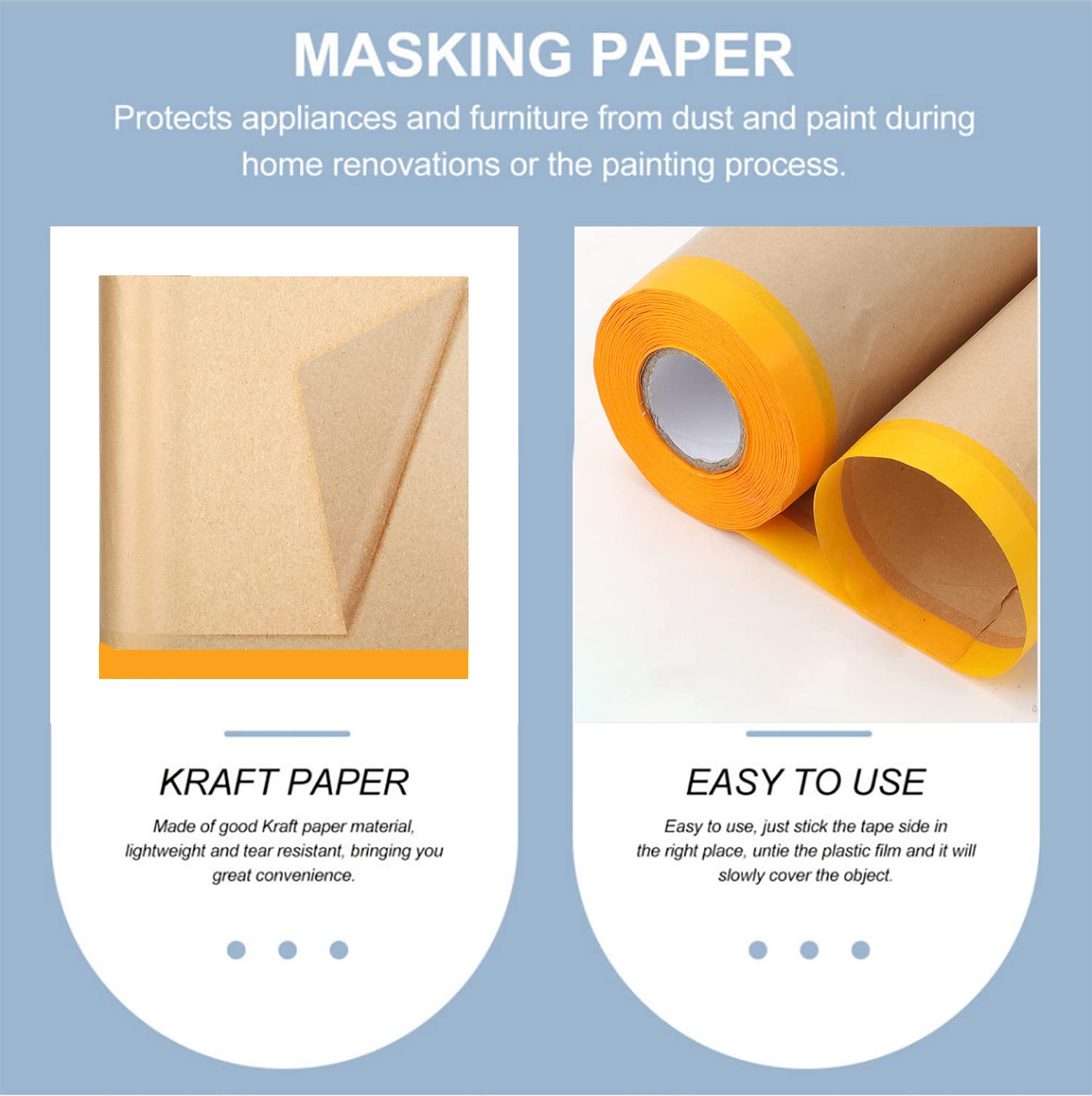 12 Inch x 50 Feet Adhesive Masking Paper Roll for Painting - 2 Pack, Waterproof Painters Paper with Tape for Automotive & Home Painting Protection | Perfect for Wall, Furniture & Car Paint Projects