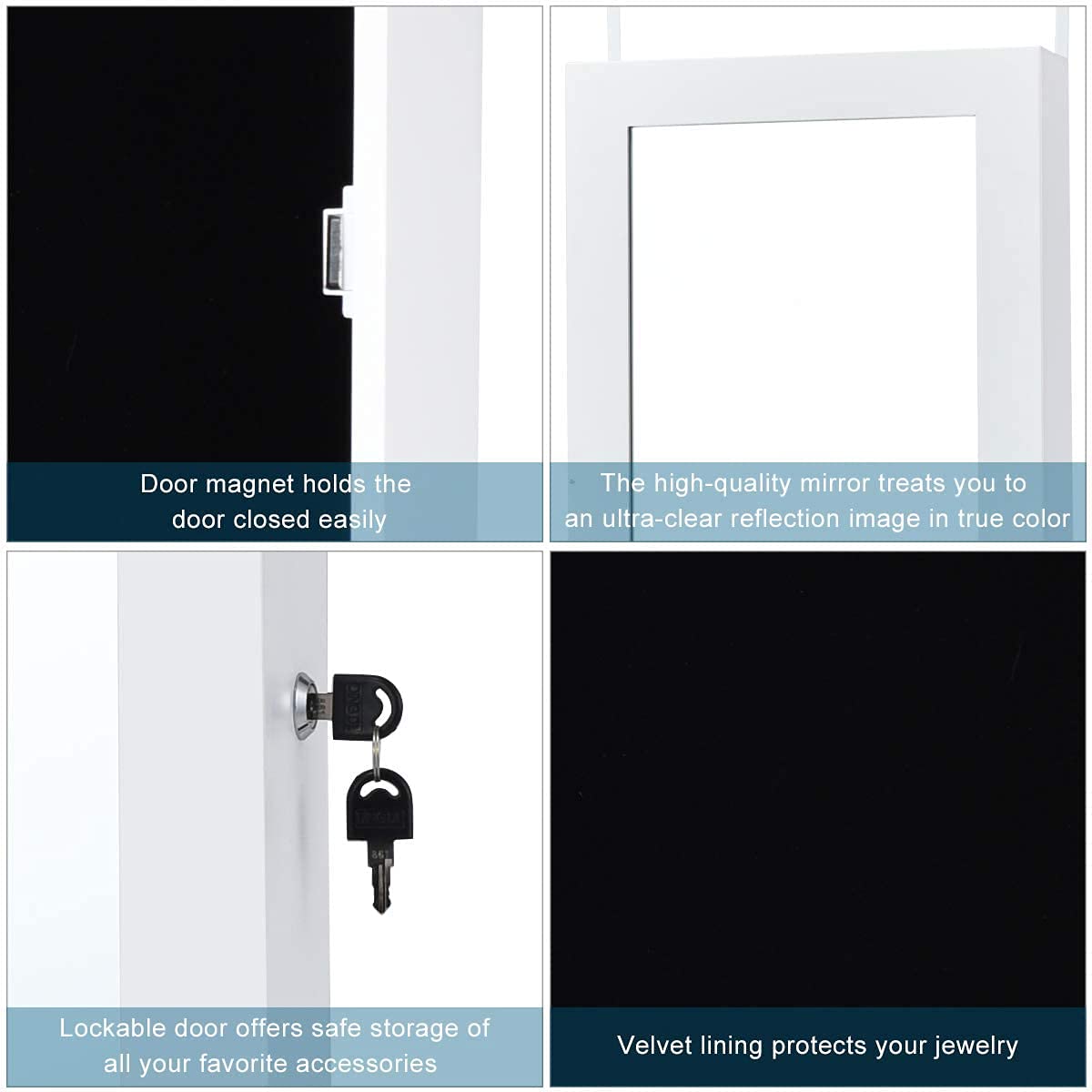 15 LED Jewelry Armoire Organizer - Wall/Door Mounted Jewelry Cabinet with Full Length Mirror, Lockable Jewelry Storage Box with Large Capacity & Compartments, 2 Bottom Drawers - White | Perfect for Bedroom, Closet & Dressing Room Organization