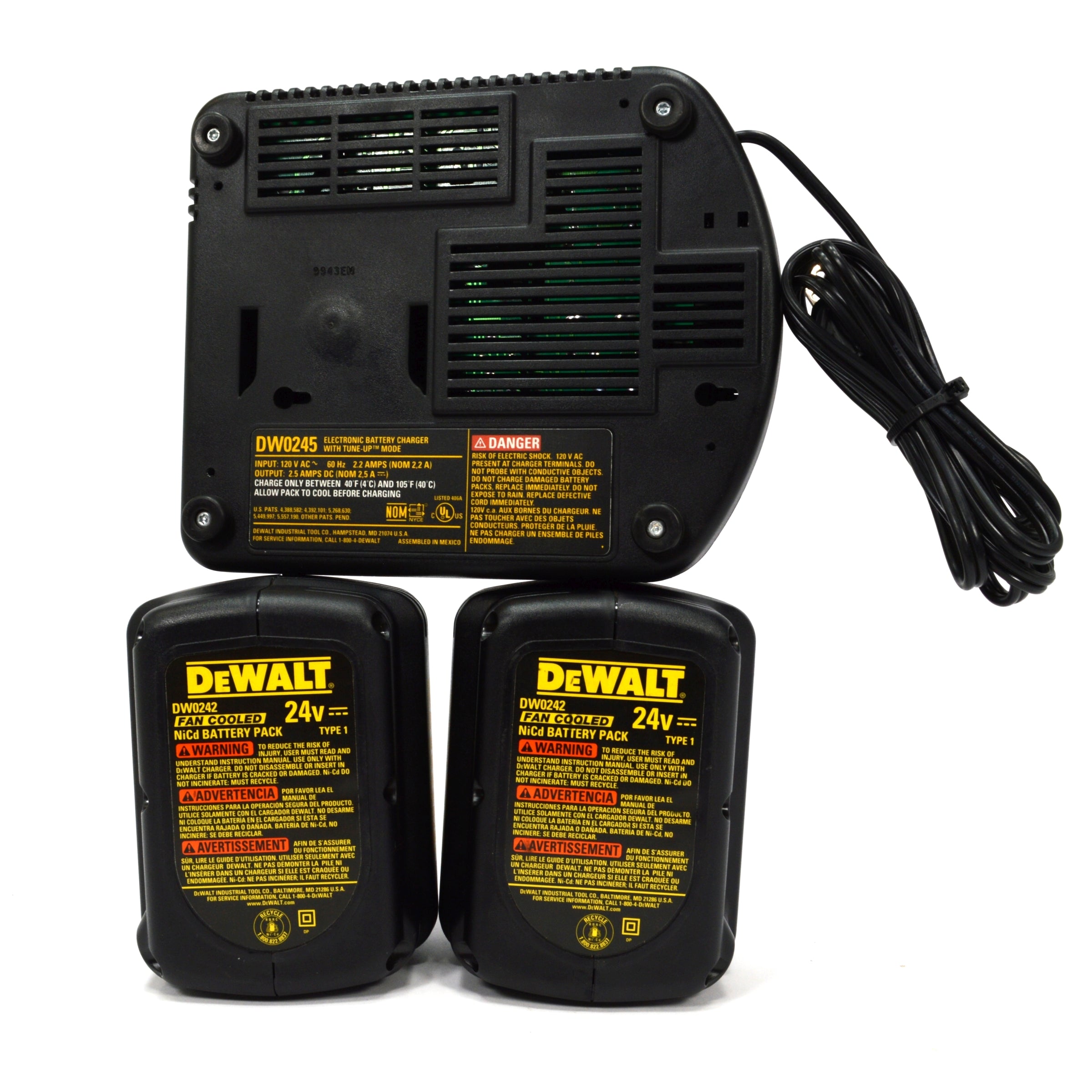 DeWALT DW0245 Charger with Tune Up Mode & 2x 24V NiCd Battery Packs - Premium Power Tool Charging Solution for DeWALT Cordless Drills & Tools - Perfect for Construction Sites, DIY Projects & Home Workshops