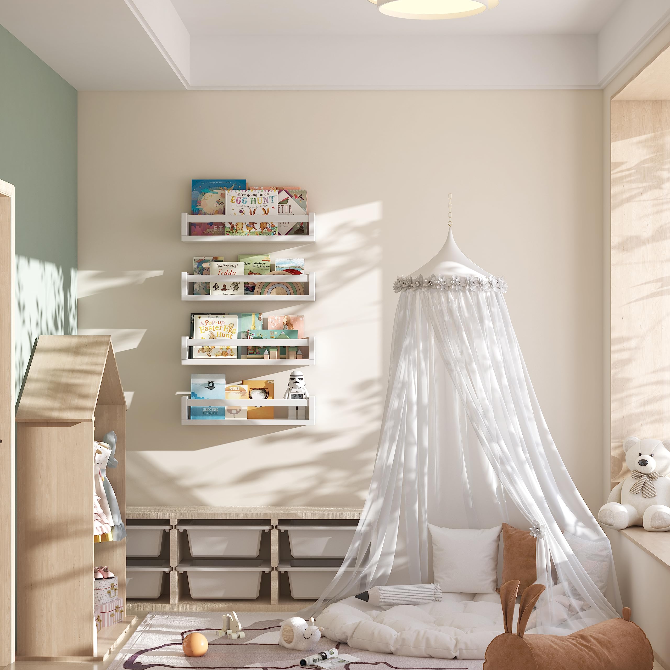 4-Piece White Floating Wall-Mounted Kids Bookshelf Set - Durable Wood Nursery Book Shelves for Baby Room Decor, Toy Storage & Organization - Perfect for Bedrooms, Playrooms and Daycare Centers