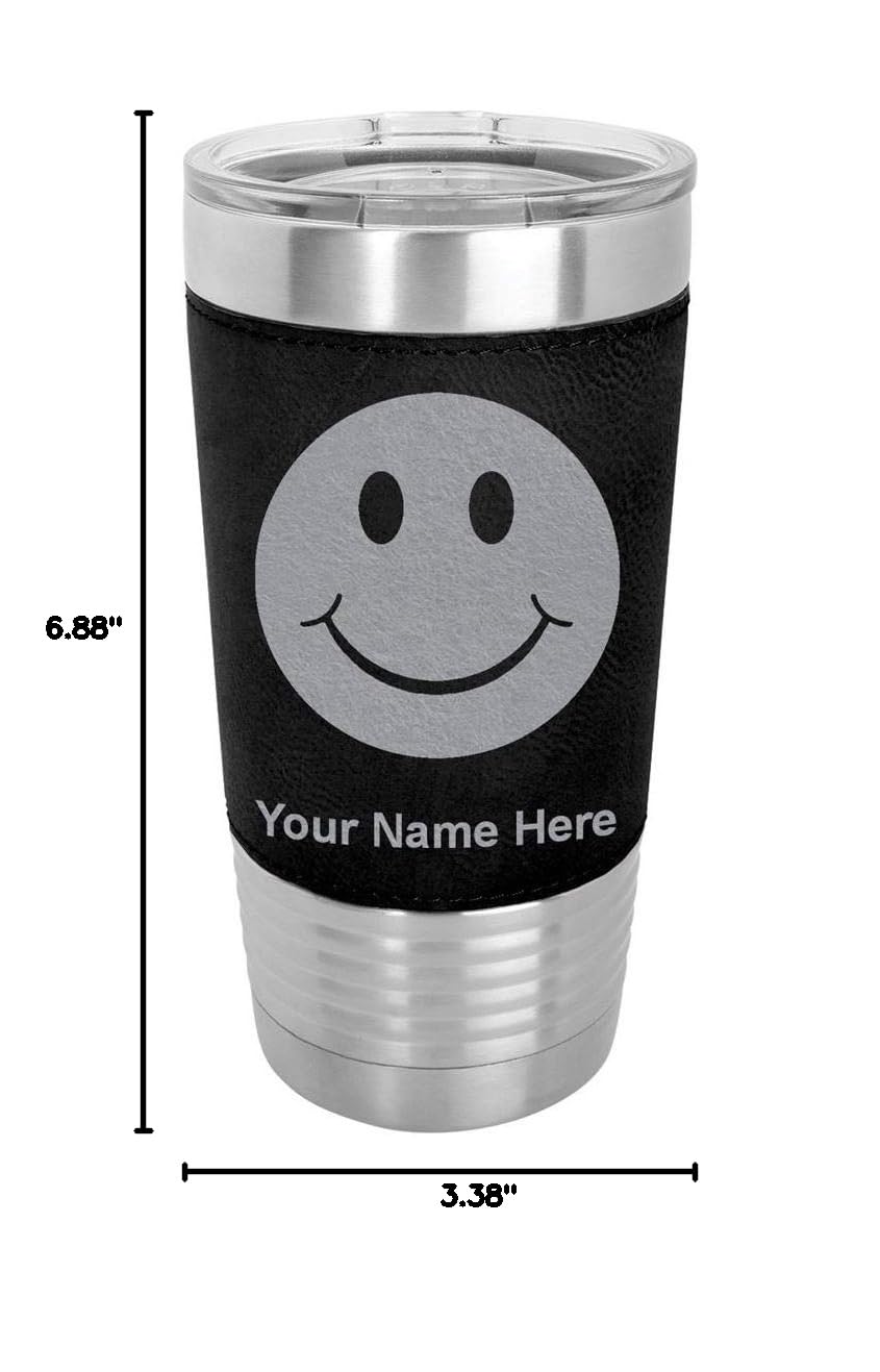 LaserGram 20oz Vacuum Insulated Stainless Steel Tumbler Mug with Happy Face Design - Personalized Engraving, Faux Leather Sleeve, Black - Perfect for Coffee, Tea & Cold Drinks at Home, Office or Travel