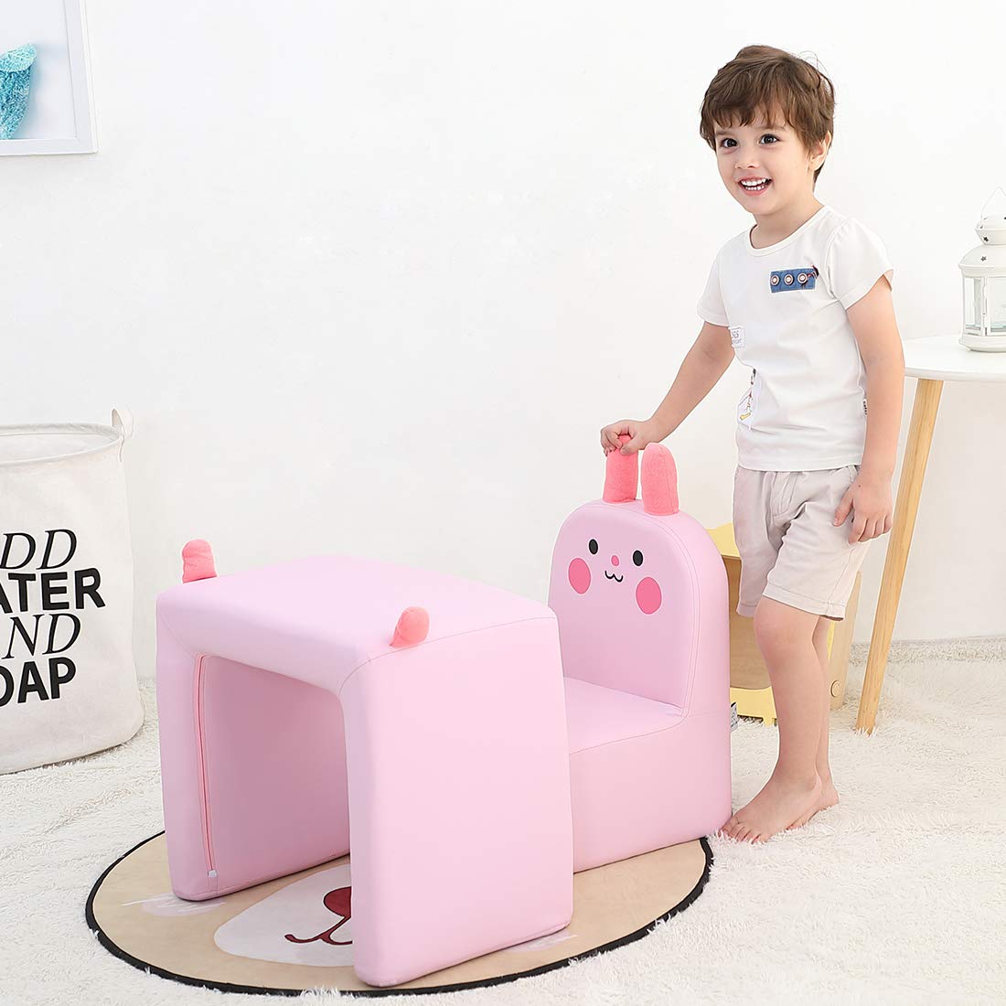 Emall Life Multifunctional Kids Chair with Smiley Face - Convertible Toddler Chair & Table Set, Pink Bunny Stool for Boys and Girls - Perfect for Playroom, Bedroom or Classroom Use