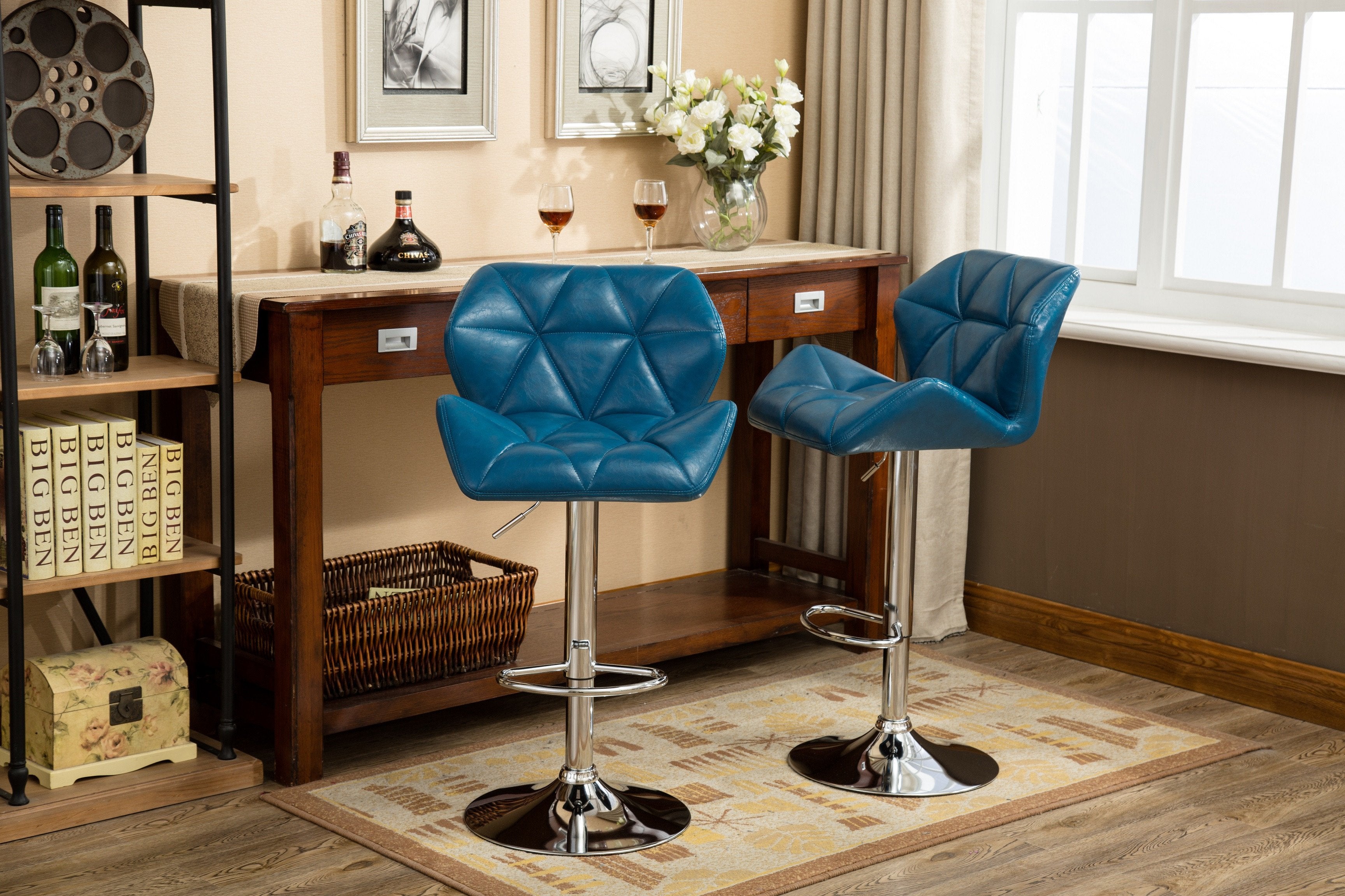 Roundhill Furniture Glasgow Contemporary Tufted Adjustable Height Hydraulic Bar Stools, Blue, Set of 2 - Perfect for Kitchen Islands, Home Bars & Modern Dining Areas