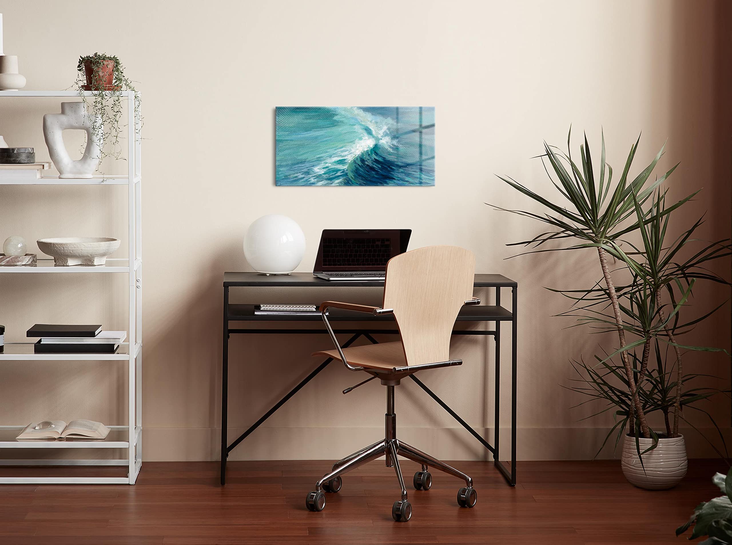 SOULFINE Frameless Tempered Glass Wall Art - 24x12 Inches Aquamarine Wave Design for Modern Home & Office Decor - Perfect for Living Room, Bedroom, or Office Wall Decorations