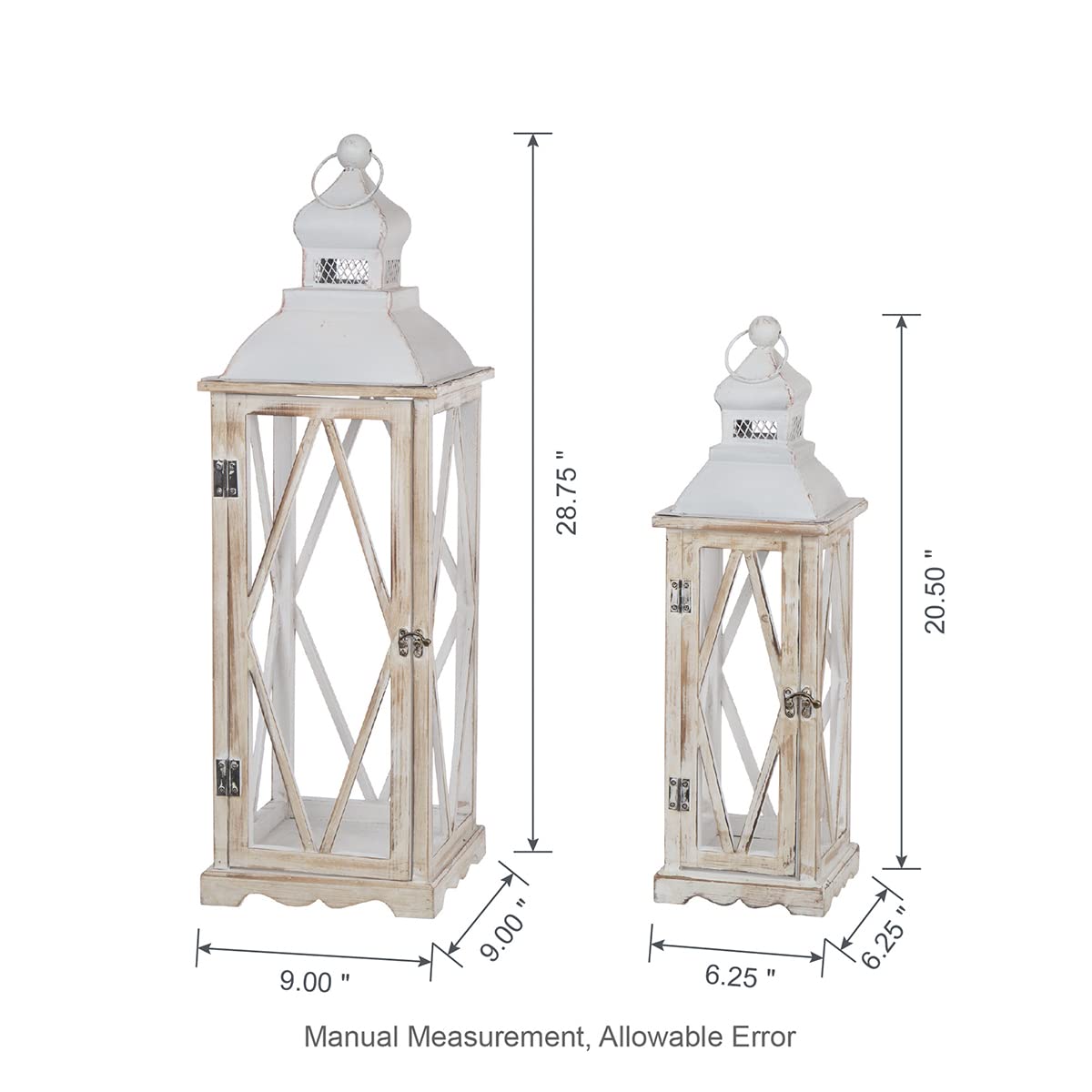 Glitzhome Farmhouse White Wood and Metal Hanging Candle Lanterns - Set of 2 Rustic Home Decor for Indoor/Outdoor, Patio, Garden, Wedding & Holiday Decorations