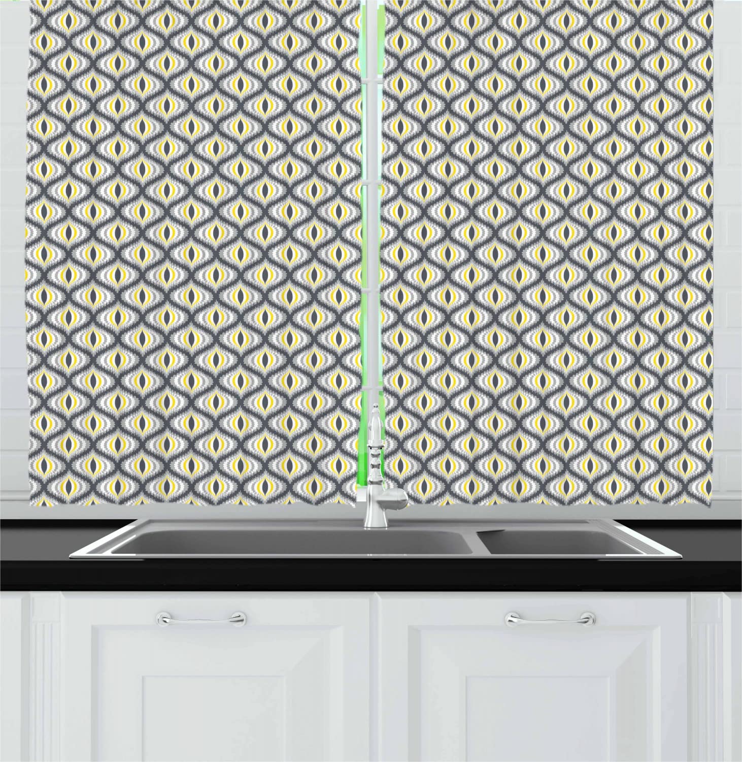 Ambesonne Ikat Long Kitchen Curtains - Vintage Indonesian Ogee Pattern in Grey Yellow White | 55