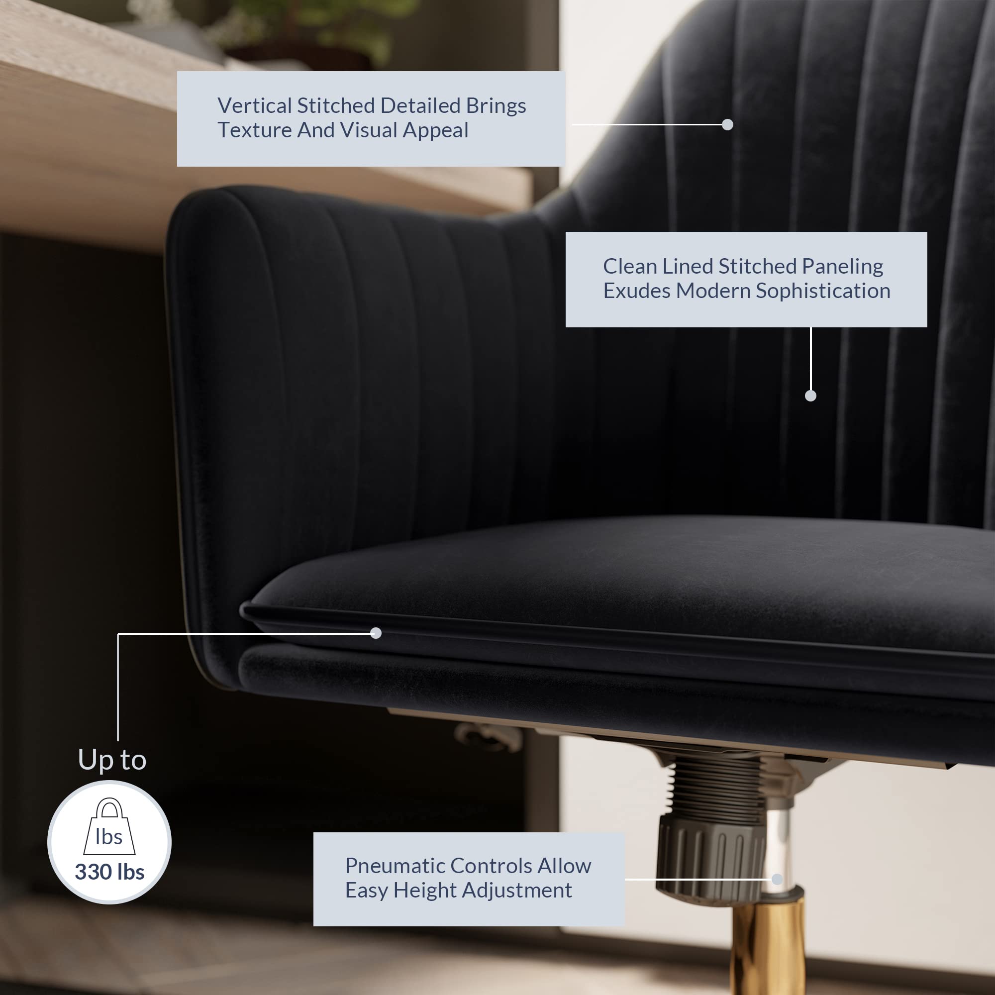 BELLEZE Modern Upholstered Velvet Swivel Office Chair with Adjustable Height - Rolling Desk Chair for Home Office, Gaming, Study - Black & Gold Accent Ergonomic Computer Chair for Work & Vanity