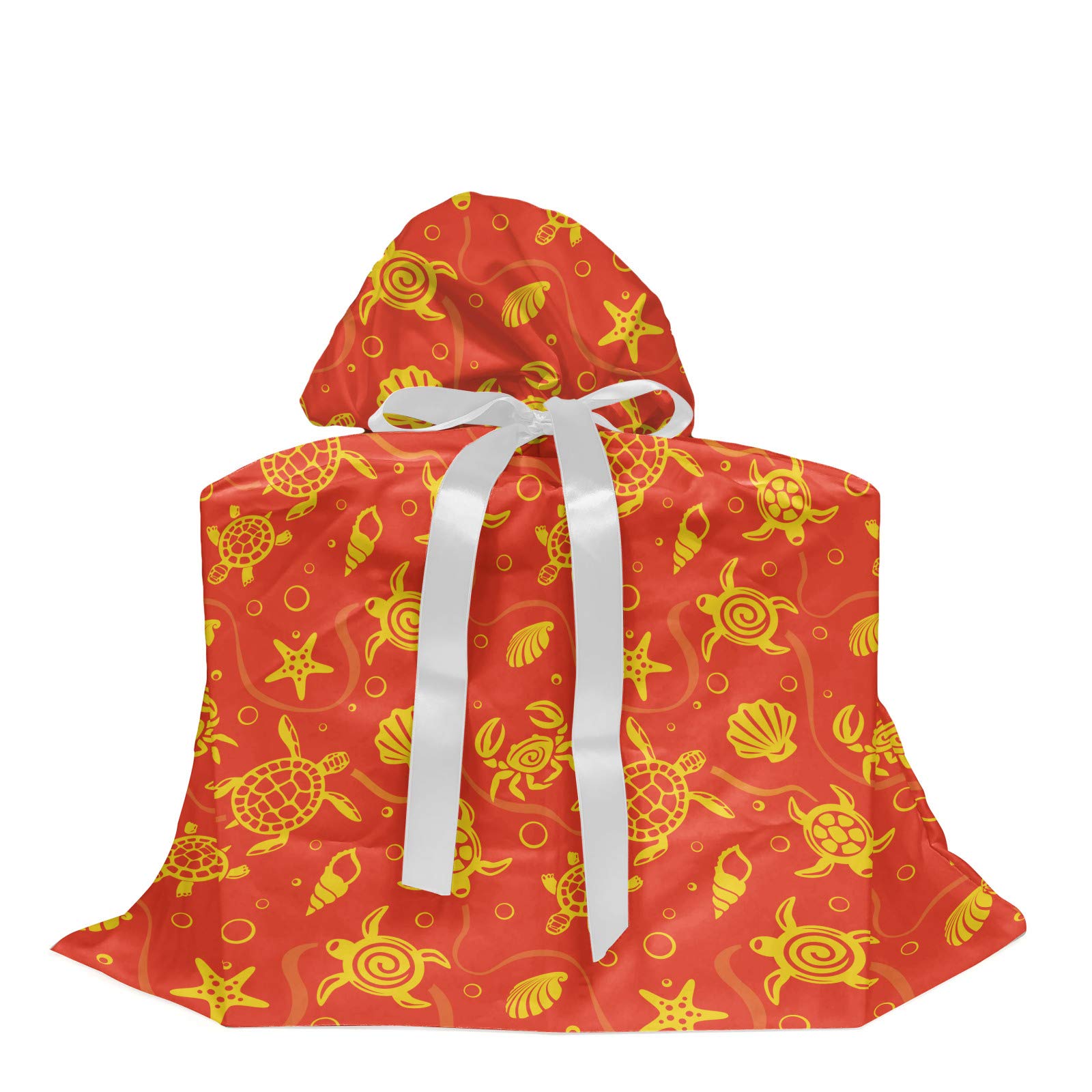 Ambesonne Orange Fabric Gift Bag with Swimming Turtles, Crabs, Seashells & Starfish Tropical Design - Burnt Orange & Yellow Present Sack for Parties, Birthdays (Includes 3 Ribbons, 27
