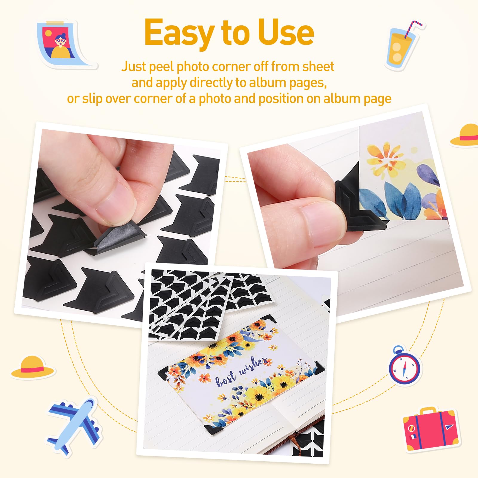 Naler 360 Pieces Self Adhesive Photo Corners - 0.83 x 0.8 Inch Black Clear Mounting Corners for Scrapbooking, Picture Albums, Journals - Acid-Free & No Residue - Safe for Photos & Documents - Perfect for DIY Crafts, Memory Books, Wedding Albums, and School Projects