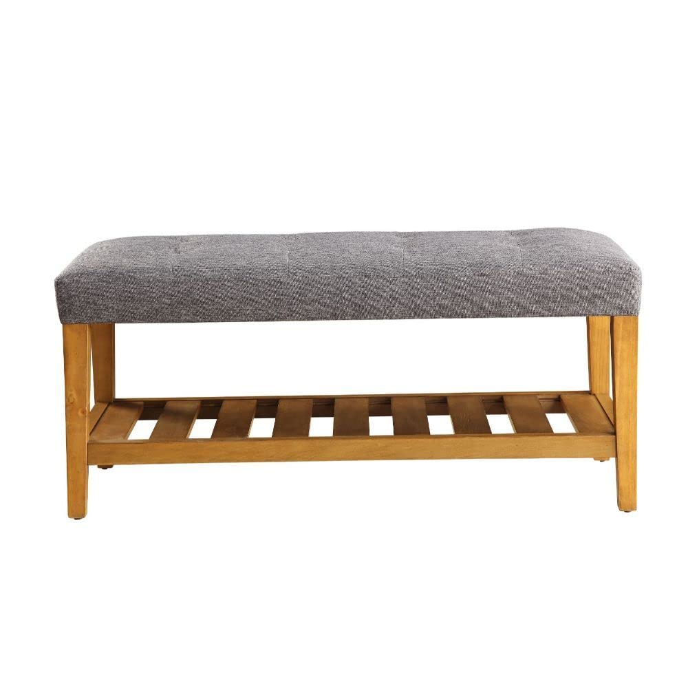 HomeRoots Rectangular Gray Padded Bench with Oak Finish Legs and Storage Shelf - Perfect for Entryway, Bedroom, or Living Room Seating and Storage