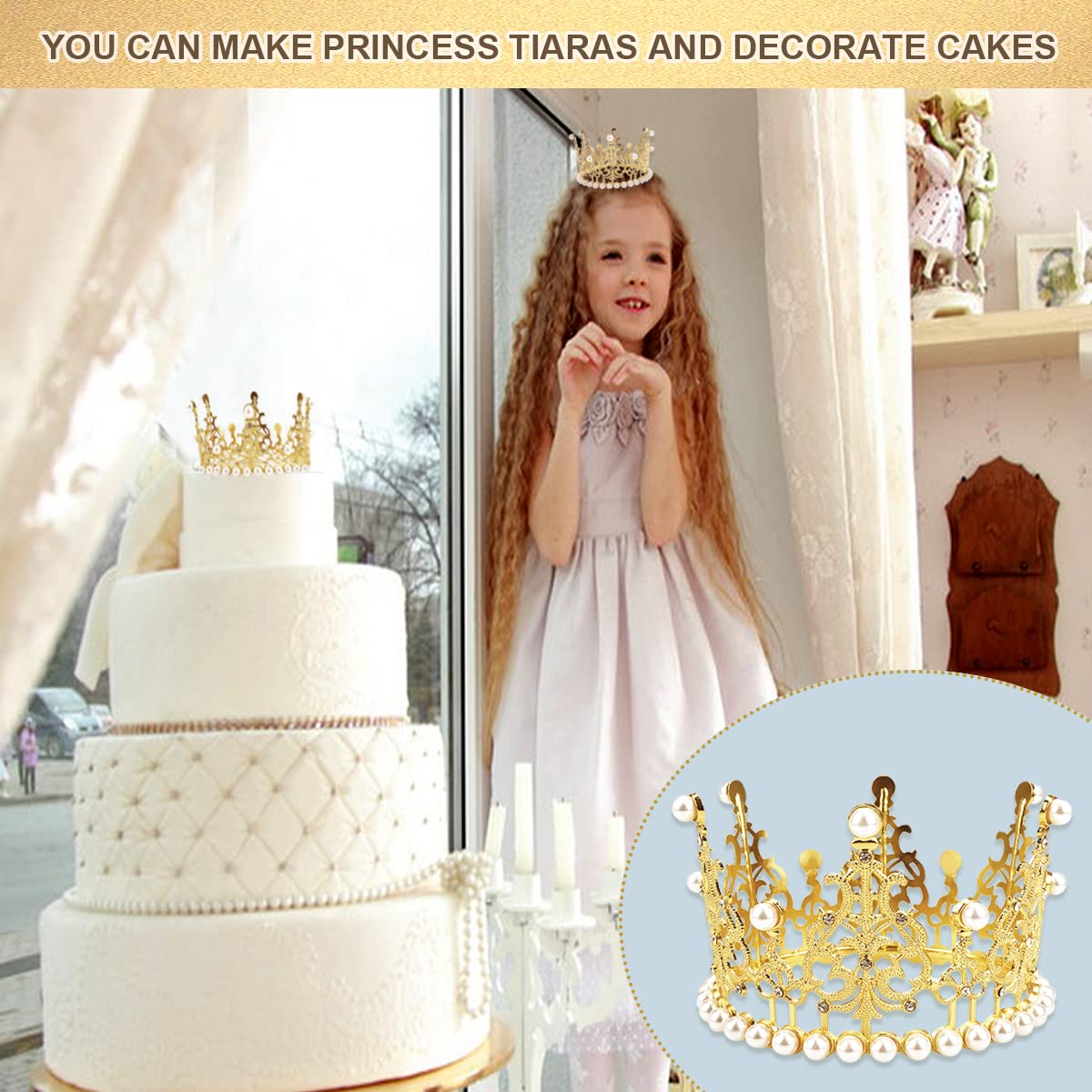 Elegant Gold Crown Cake Topper with Rhinestones & Pearls - Wedding, Birthday, Prince Themed Baby Shower Party Decorations - Perfect for Royal Celebrations, Princess Parties & Special Occasions