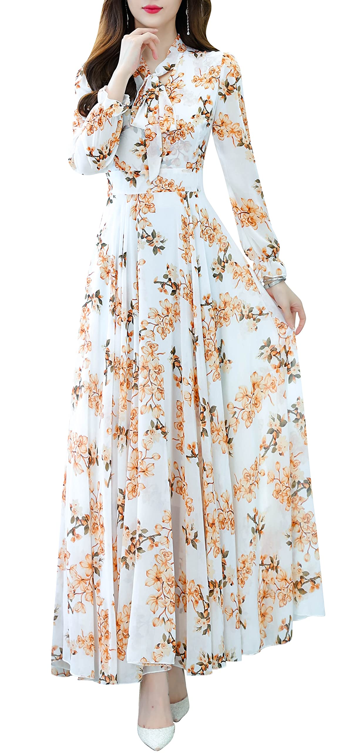 DOVWOER Women's Floral Print V-Neck Maxi Dress with Ruffles - Elegant Long Casual Dress for Fall, Perfect for Parties, Weddings & Date Nights