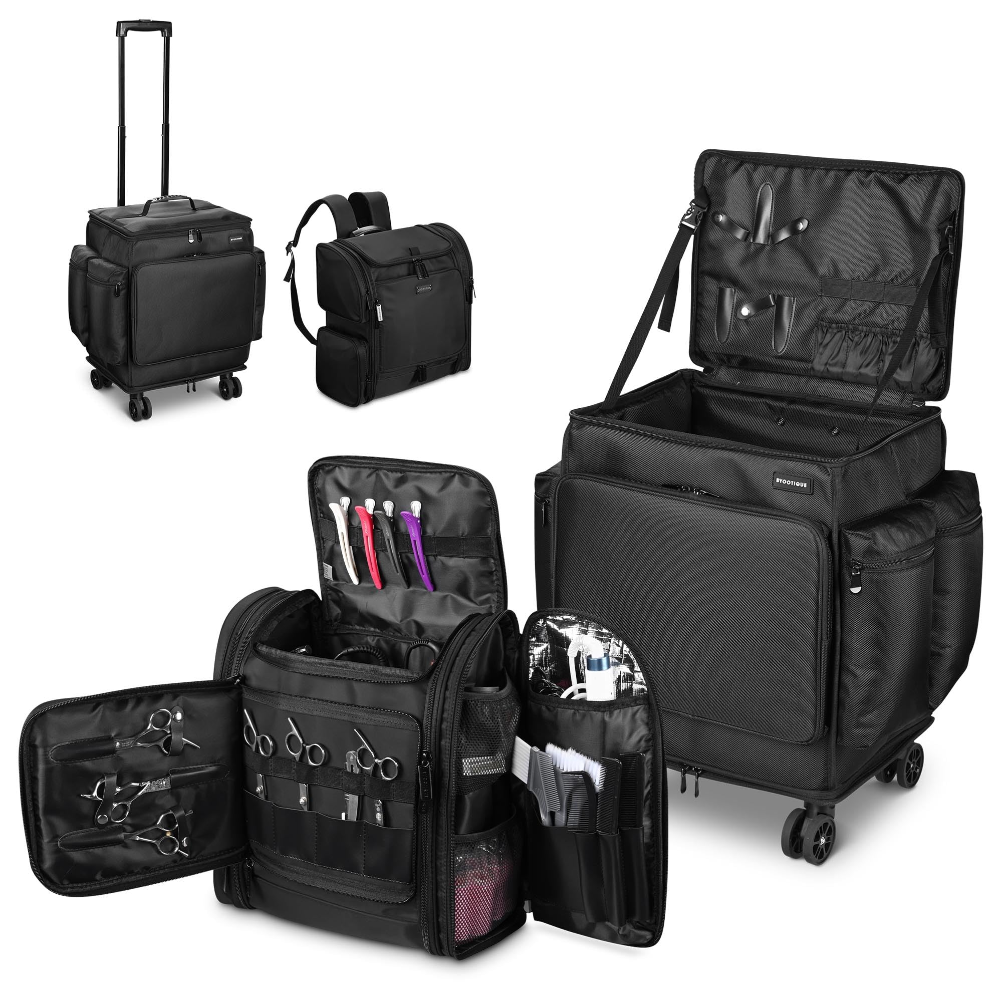 BYOOTIQUE 2-in-1 Rolling Makeup Train Case & Hair Stylist Travel Backpack - Professional Salon Organizer for Curling Irons, Straighteners & Barber Tools - Perfect for Salon Professionals & Mobile Stylists (Black)