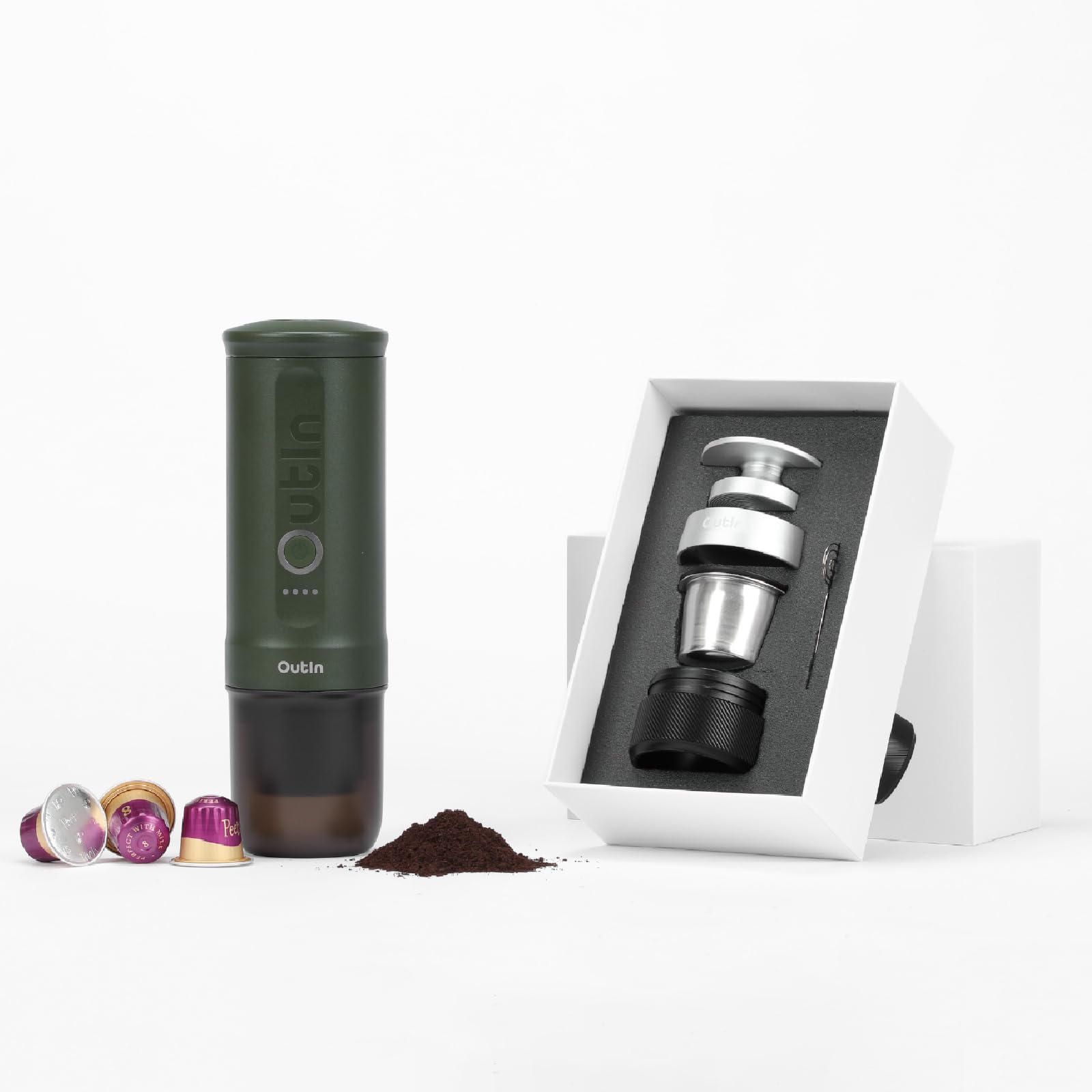 OutIn Nano Portable Espresso Machine - Compact Travel Coffee Maker with Double Shot Accessories | Perfect for Camping, Office & Home Use