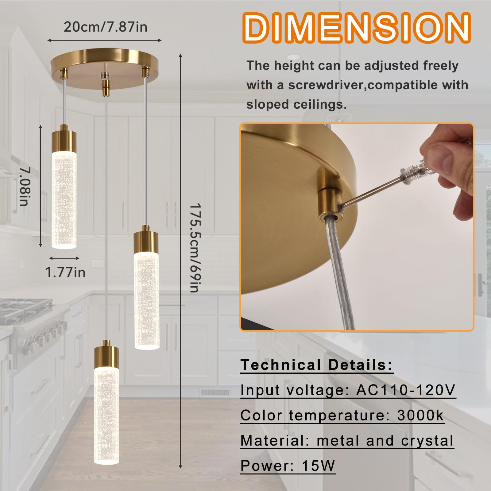 Modern 3-Light Crystal Pendant Lighting Fixture - Gold LED Kitchen Island Light with Bubble Glass Shades for Dining Room & Breakfast Bar | Elegant Home Decor & Ambient Lighting