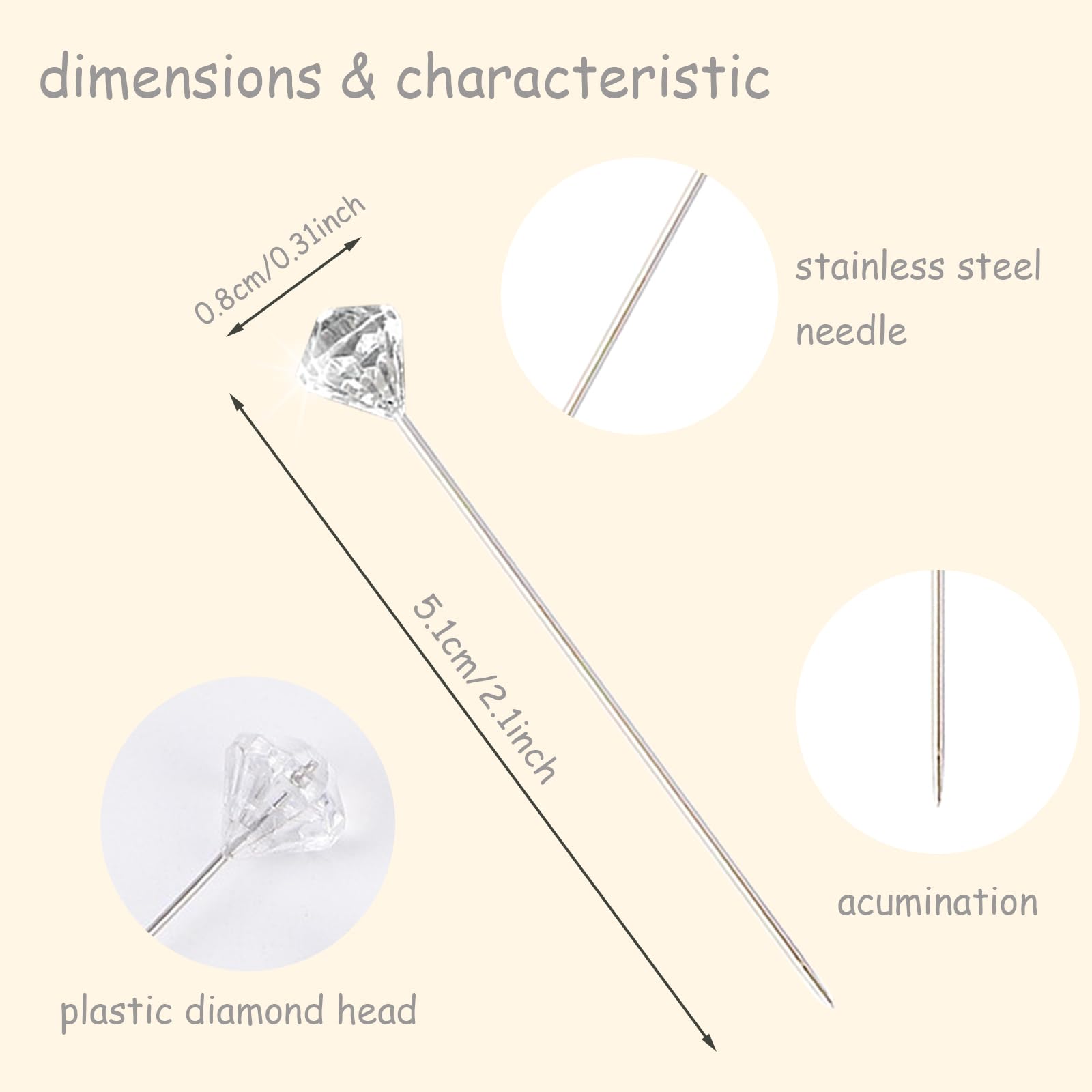 220PCS 2 Inch Clear Crystal Diamond Rhinestone Straight Pins for Wedding Bouquet, Bridal Hair, Corsage, Boutonniere, DIY Jewelry & Craft Decoration - Floral Flower Design for Special Occasions and Party Accessories