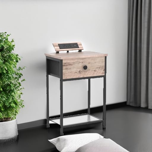 AMHANCIBLE Night Stand Set of 2 - Modern End Tables with USB Charging Station & Fabric Storage Drawer - Slim Bedside Tables for Small Spaces - Greige (HET03SDPGY) - Perfect for Bedroom, Living Room & Apartment Decor